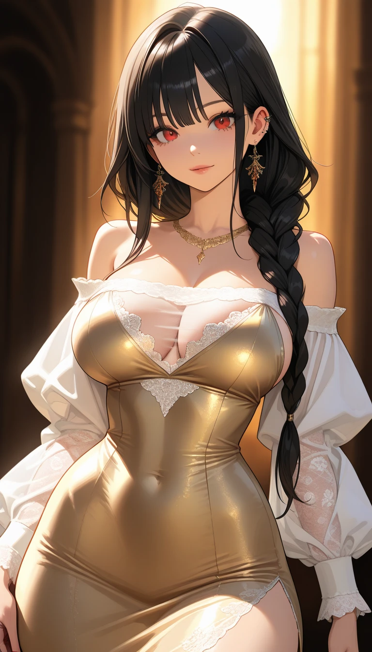 (((Masterpiece))),(((Super Detail))),(((in 8K))),(((best composition))),(((Rim lighting,Fireglow effect,deep shadow))),solo),Beautiful fingers,Detailed finger features,(Detailed hair features:1.7),(Dynamic and sexy bending pose:1.3),detailed  features,detailed clothes features, (perky chest:1.1), (pointed chest:1.3), delicate beautiful face, Bright blue eyes, cute eyes, sparkling eyes, Big eyes, beautiful detailed eyes,double bun with glittering hair ornament:0.6,(super detailed glossy skin:1.3),slender body,goddess smile,((with sparkling eyes and a contagious smile)),beautiful posture,have a cup of coffee,black hair, red eyes, dress,  shoulders, jewelry, collarbone, sidelocks, hairband, earrings, indoors, off shoulder, sweater, arms behind back, plant, short hair with long locks, white hairband, off-shoulder dress, sweater dress, off-shoulder sweater, red sweater, big side hair, very long side hair,(super delicate floral pattern:1.2), cleavage:1.3,beautiful glossy legs,shiny red high heels,lifting dishes with cakesd,french restaurant,hustle and bustle,rising steam,(((depth of fields)))
