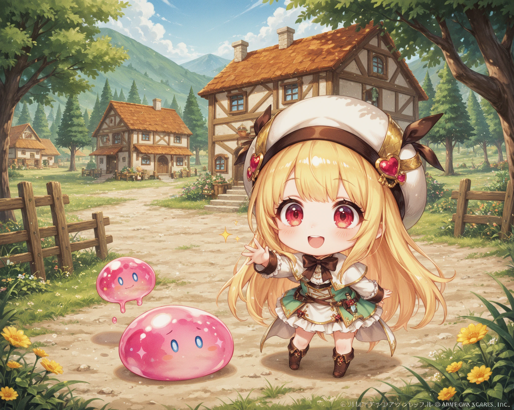 obese 1girl, solo, female, (oshino_shinobu),(blonde) (blonde_hair), (yellow_hair), ((long_hair)), ((bangs)), (yellow_eyes), blush, cute, innocent face, pointy_ears, (blush_stickers), flat_chest, dress, bow, bracelet, fangs, portrait global illumination, hdri, subsurface scattering, masterpiece, 4k, raytrace, beautiful, obese sharp, smooth skin, bloom, anime sunset, nature, mountains, clouds, grass, flowers, fireflies, lake