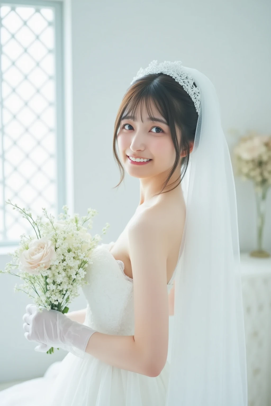 The bride in a white wedding dress holds a bouquet of flowers in the white room, wearing organza gown, in front of white back drop, White gown, 🤬 🤮 💕 🎀, white regal gown, Wearing a wedding dress, 3/4 Front view, detailled image, Wedding dress, eora, white backgrounid, Full front view, yasumoto oka, 2 9 years old