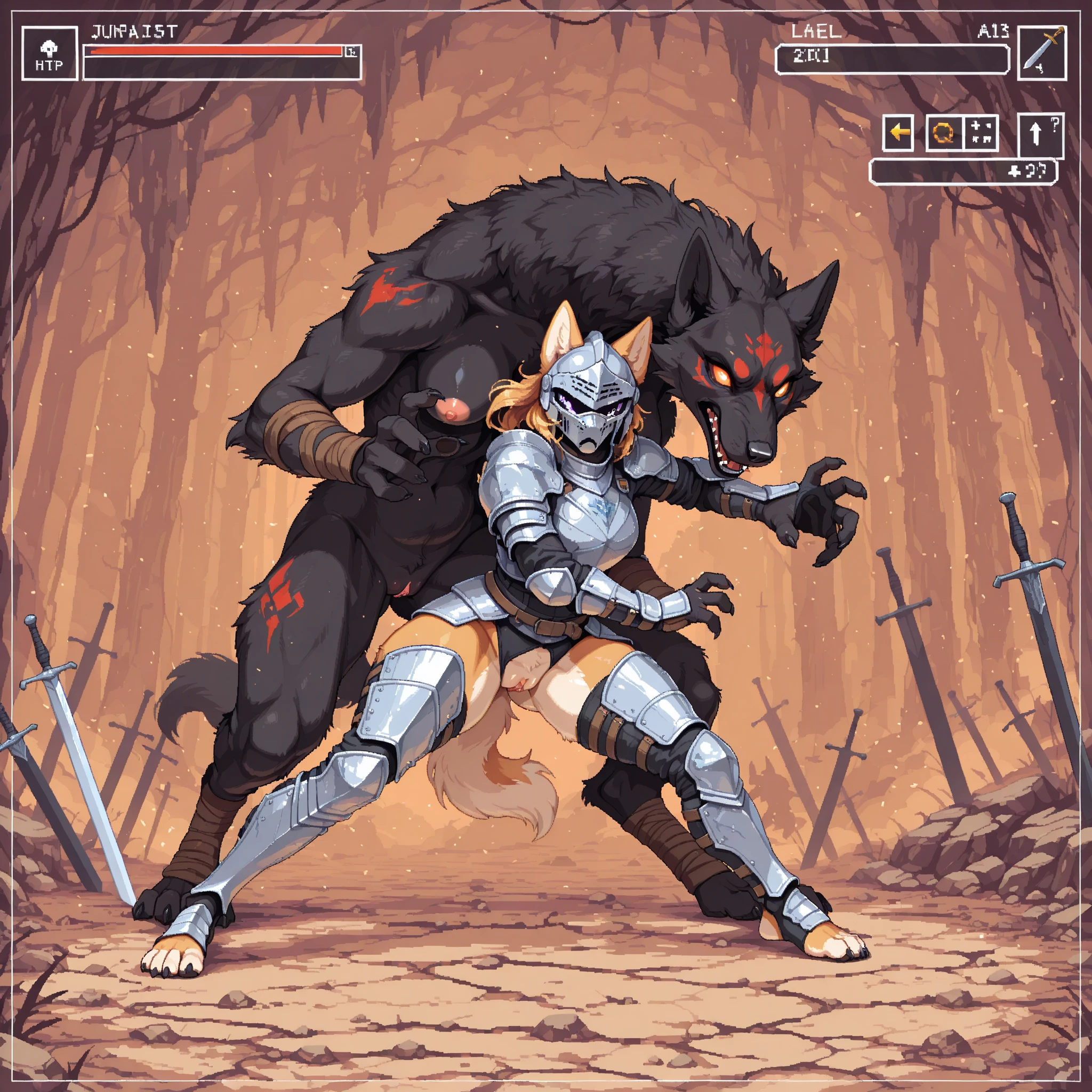 Couple of Sexy young anthro furry wolfes male mercenary warriors, slim endomorph muscular, handsome gay model male apperance, they are fighting with swords in forest ancient battle, sword duel, angry anger look, rage, sword scars, worn out leather  armament, low on hips heavy leather belt, old very worn out  dirty linen material jockstrap, old yellow dirty worn out stains on white sawn jockstrap, very visible "x" brown seam pattern on the jockstrap, studded  armlets breastplate armor,  breastplate, leather bondages, fingerless leather gloves, smelly unwashed furr, dirty body look, both of them hold blooded sword in hand, proffesional anathomy, correct anathomy, five fingers, correct muscules building, proffesional perspective, professional composition, proffesional cinematic sword fight scene, correct sword hold in hand,