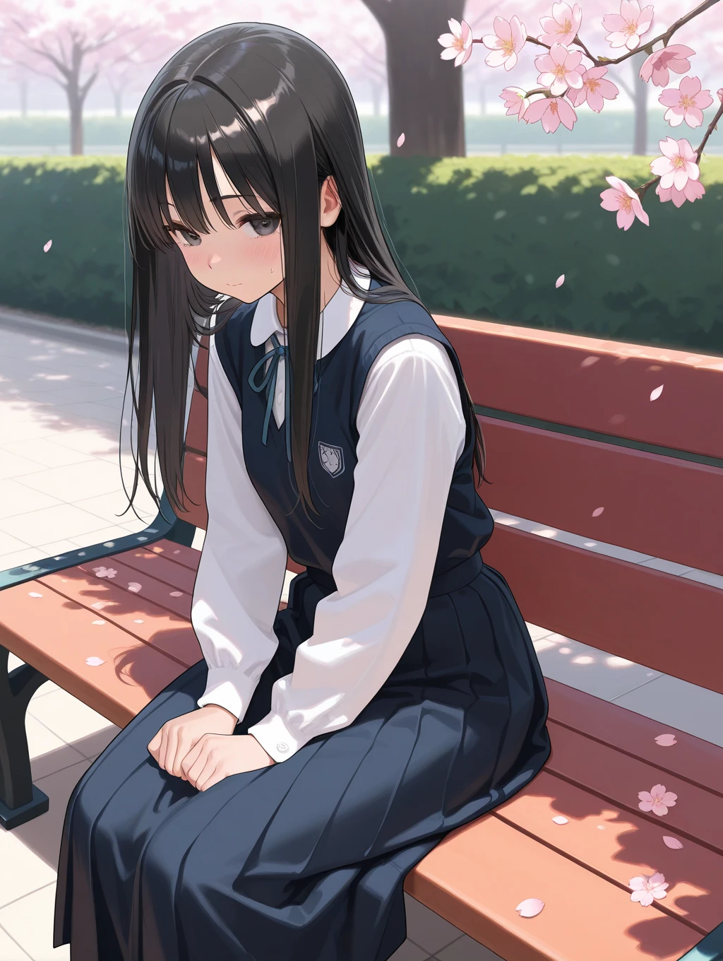 (masterpiece, best_quality), extremely detailed CG unity 8k wallpaper, super fine illustration, (anime_style), Woman posing for a photo, shy smile, Small open mouth, Long Hair, Straight hair, Fine skin, Beautiful Hands, Beautiful fingers, Wearing a beret, tie, Small , Short sleeve blouse, Pleated skirt, Thighs, Absolute area, Knee socks, Daytime, Hot summer day, School, Schoolyard, Sitting on a bench, holding Canned juice, Natural light, Detailed face:1.2, Sharp focus, Hasselblad Photos, masterpiece, light makeup, Cinematic lighting, 4k, sharpness, Anime Style, whole body, Canned juice,