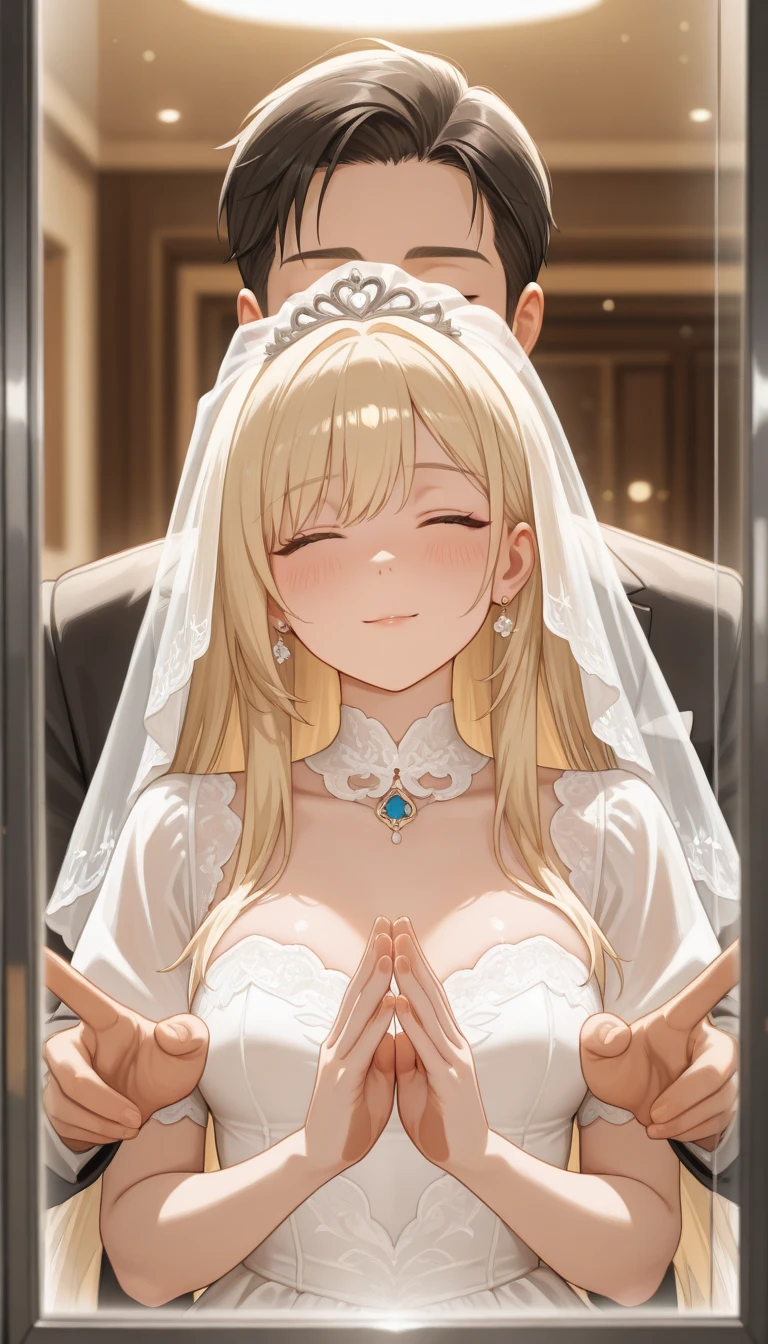 ((Highest quality)), ((masterpiece)), (detailed), （Perfect Face）、The woman was Princess Leona, with long light brown hair and a gorgeous, glittering wedding dress and wedding veil.、On a luxurious, large bed, a woman is pushed down onto the bed by a  old man and has  with him.、The woman has long hair