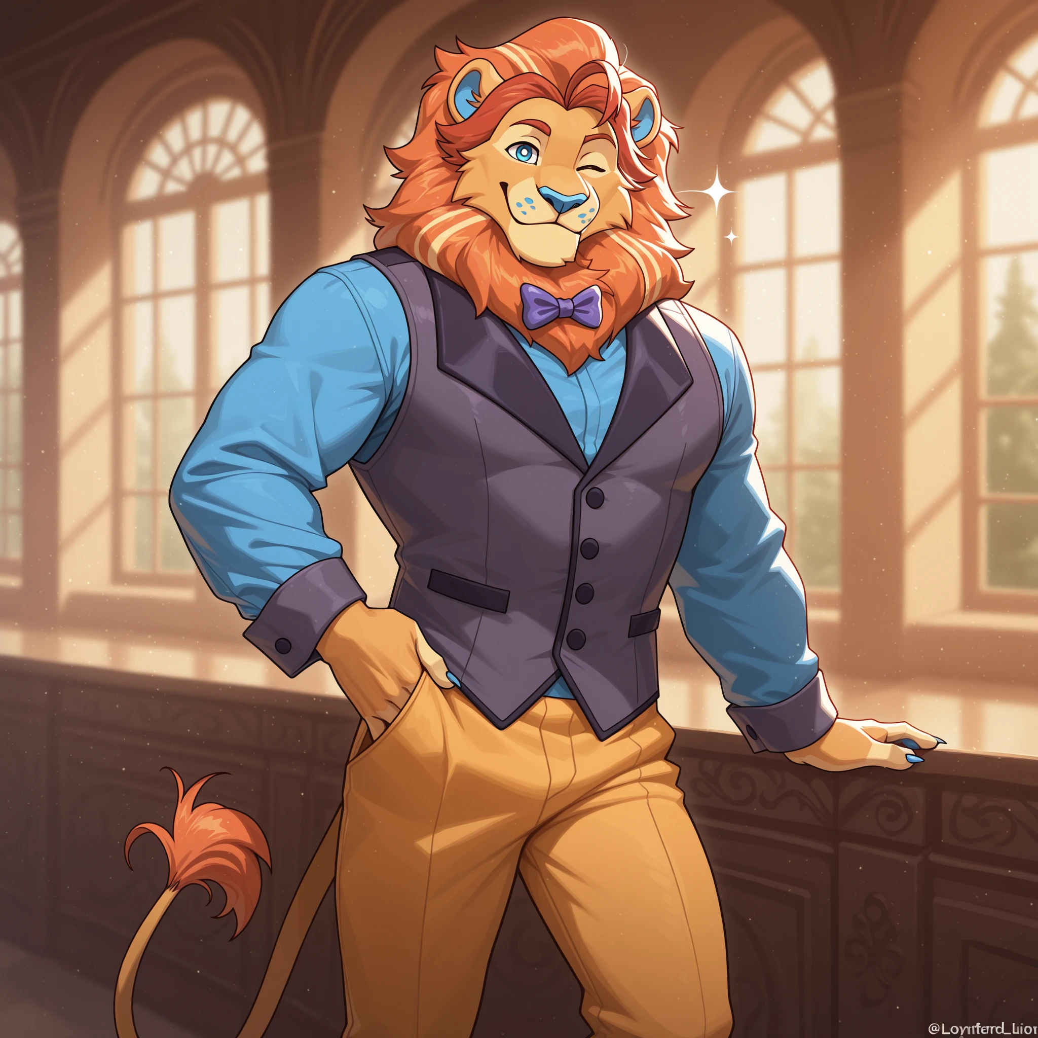 best , best quality, (by null-ghost,by darkgem,by pino daeni,by zoroj, by redrusker), (furry art, soft shading:1.1), bara, blue eyes, blue nose, mane, tail, solo, (pinup), (pose), (soft shading), 4k, hi res, ((detailed face, detailed eyes)), smile, open mouth, simple background, looking at viewer, shirt, vest, bow tie, Lion, (broad shoulders, narrow waist:1.05), 5 fingers, blue eyes, black nose, blue claws ,standing in a bedroom, masterpiece, Ultra highest quality, unreal engine, trending on ArtStation, Intricate, Ultra heavy High Detail, dramatic, realism, , thick , realistic, sitting, muscle, furry, day, looking_at_viewer, Ultra heavy detailed eyes, Ultra heavy detailed body, Ultra detailed heavy face, Ultra heavy detailed , Ultra heavy detailed , expressive, masculine,