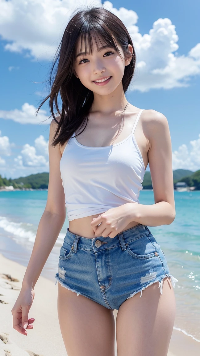 Small breasts、Earrings、necklace、Beautiful glowing white skin,、 bright, Refreshing and gentle look, Perfect beautiful pretty face, Shiny, straight, long hair down to the waist, Beautiful shiny bangs, （（Very beautiful and beautiful４Year old girl））, eyeliner, so perfect and beautiful, Big clear sky blue eyes, bright eye highlights、Baby Face、Cute smile、Long eyelashes、Wearing shorts、Low waist、Ocean、Playing in the waves、Have a bold pose、Being at the edge of the waves、