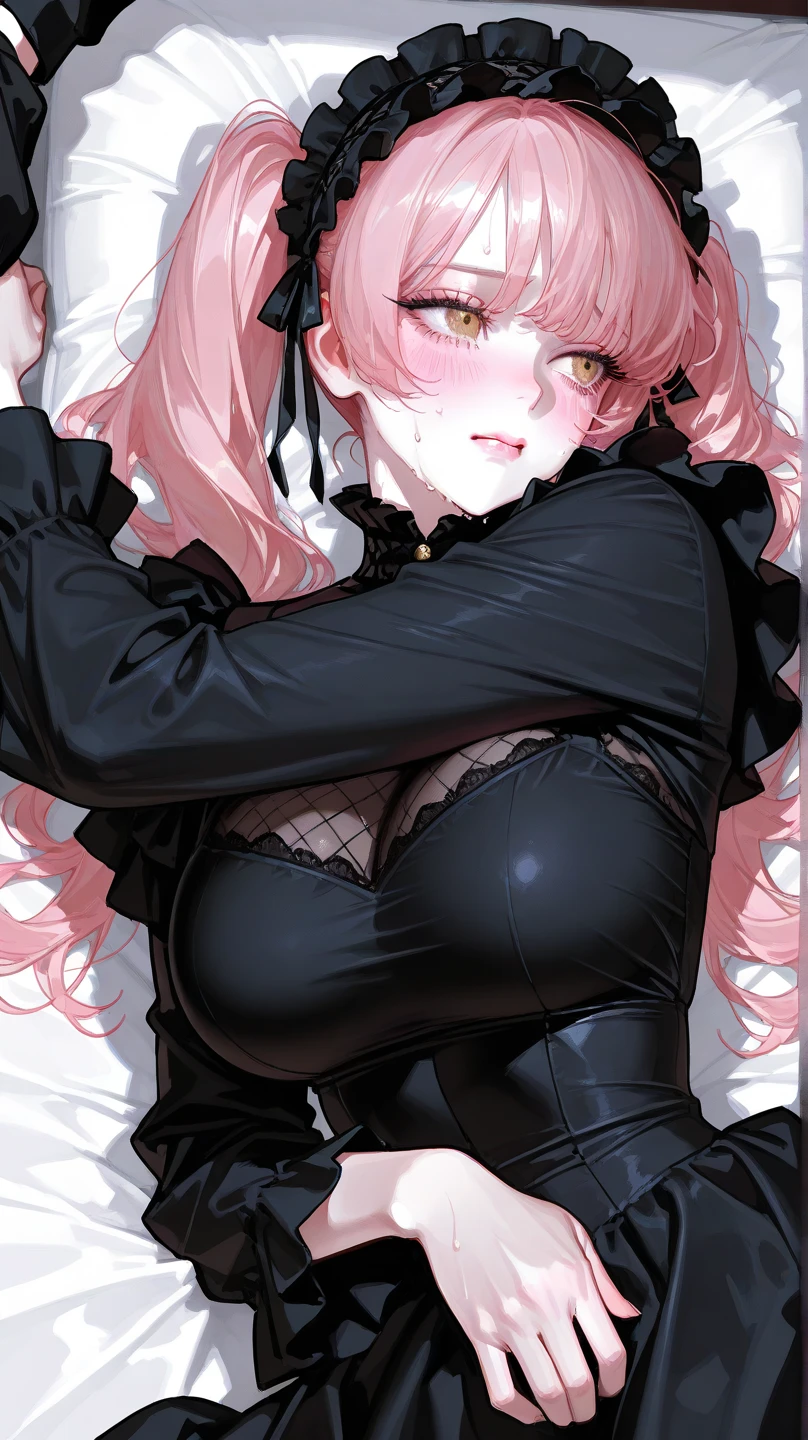 （（（1个Giant ?????? Girl）），Ray traching，（dim murky lights），[detailedbackground（Bedrooms）），（（Silvery hair）），（（A pink-haired）），（（（（（Fluffy pink hair，plump and slender girl）））））Avoid golden eyes in the ominous bedroom（（（（Girl wears white shirt，Black wrinkled skirt，Wear yours with black sheer pantyhose），It shows a delicate and slender figure and beautiful curves，Correct limbs，sit on a bed，Pregnant belly，Pregnant belly，Pregnant women with