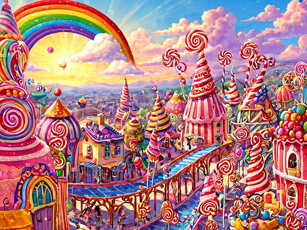 1girl, Candyland, aesthetic, vibrant colors Candyland wonderland gouache swirls detailed Candy art style! Whimsical playful colorful! candy!!! 🍬🍭 Candyland art!! “Hyperrealistic hyperdetailed highly detailed, digital illustration” postmodernism, artstation, poster art, dynamic lighting, cel-shaded, ray tracing reflections
