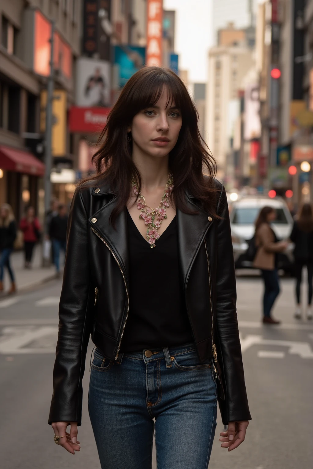 Anne Hathaway dressed in  top and jeans