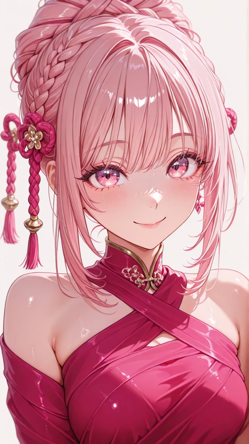 1 girl, solo, high resolution, Look at your heart , smile, Pink Eyes, accessories, earrings,  quick, pale pink hair, Bob, Little Devil,cherry blossom hair ornament