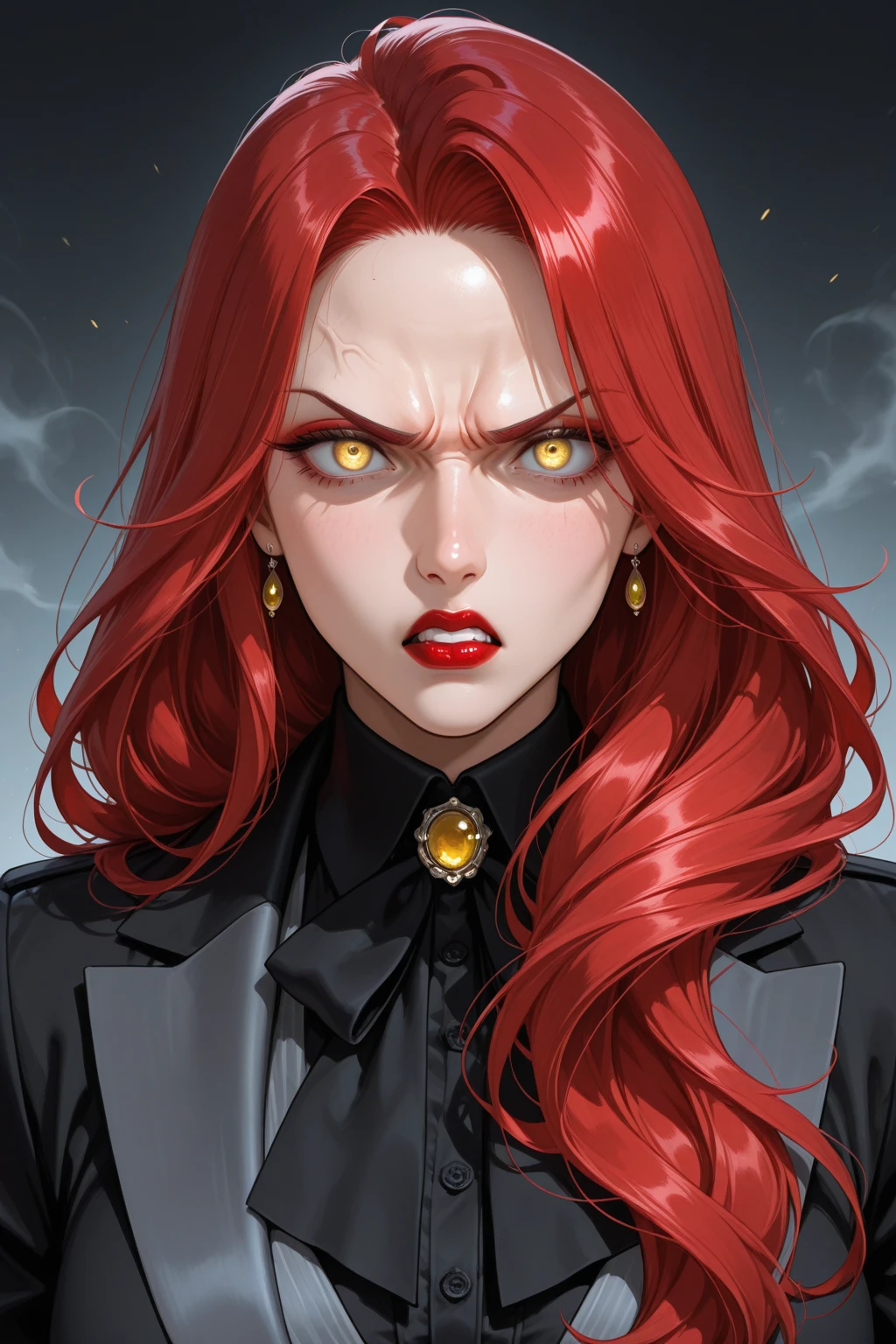 A woman with red hair and a blindfold is standing in front of a fire ...