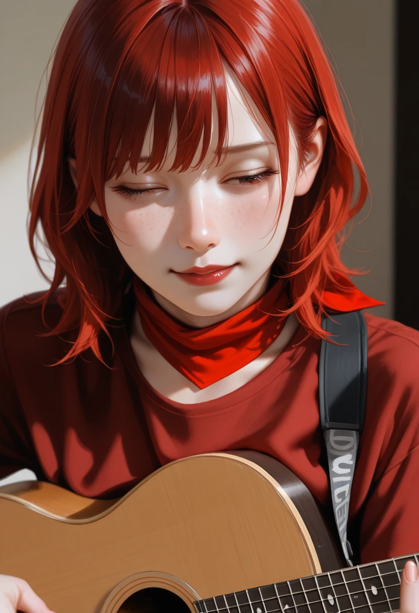 ( Screaming),Reaching the :1.３,One girl closing her eyes, short-cut、masutepiece、Bottoms are randomly generated、（ Watermelon illustration printed shirt ）、red hairs、GI Cut、Background bokeh:1.5