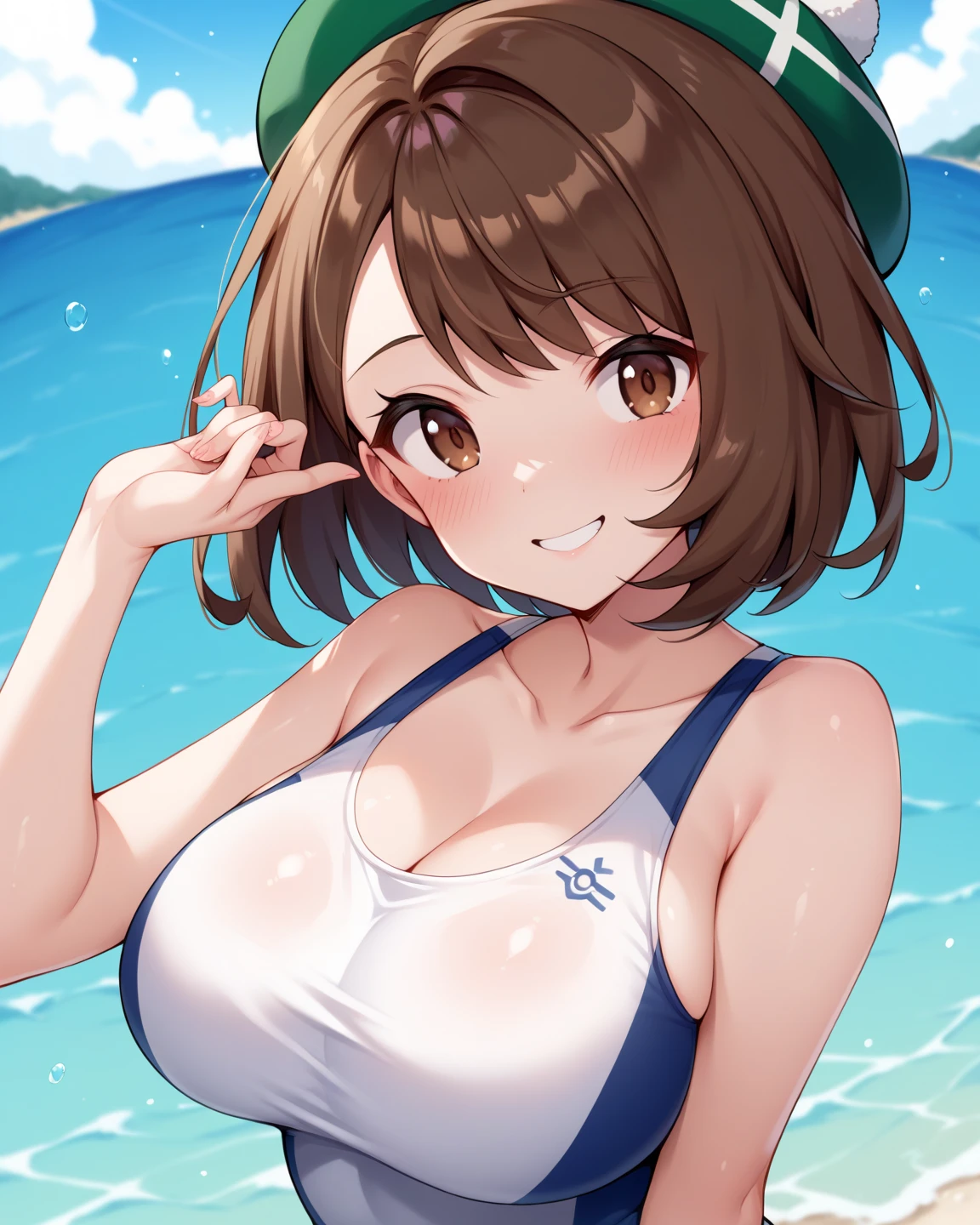 masterpiece, best quality, asuka kazama, looking at viewer, very large breasts, upper body,  smile,put your hands behind your head, armpits, armpits visible, sweaty armpits, wearing bikini, backround on beach
