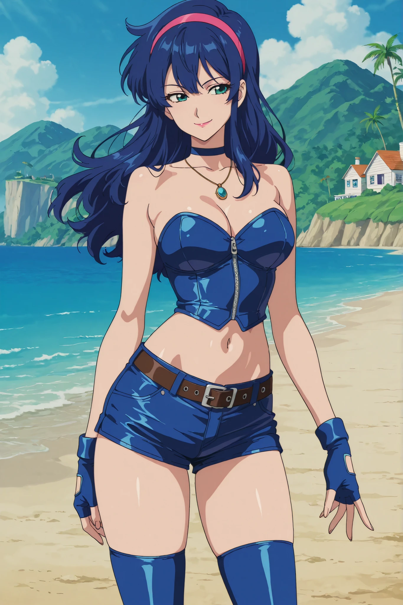 masterpiece, absurdres , (intricate details), (colorful),cinematic lighting,bust shot,extremely detailed CG unity 8k wallpaper, juviagmg, 1girl,looking at the viewer, blue theme, blue background, cloudy sky, sunlight, sweat, , bikini swimsuit, large breasts, cleavage, belly button , collarbone, thighs, sea and beach,