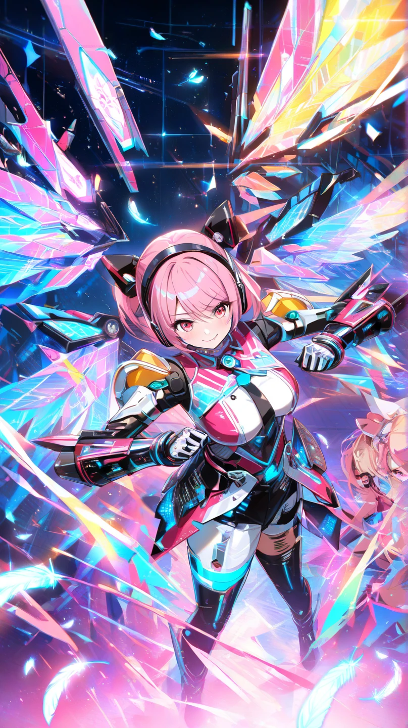 (heterochromia:1.3), 1 girl、(solo:1.3), cyber、cyber suits、15 years old、Light blue hair、Curly hair、Short Hair、(Light blue right eye:1.5)、(Pink left eye:1.5)、smile、Flushing、Open Mouth、leotard、、Gauntlet、boots、 legs、cute、cute、fine、Highest quality、high resolution, armor, cyber armor, Thunder, beam, ray, view of viewer, headgear, visor, (thin legs:1.3), slender, large ,