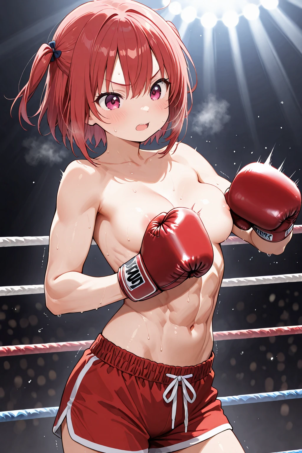 (kinako_(shiratama_mochi) style, ((???????)), ????, masterpiece, 1 girl, solo, ????? ???????, intricately detailed, navel, ???? shoulders, brown hair, boxing shorts, boxing ring, gym, boxing, boxing gloves, extremely detailed, ???? ???????, puffy ???????, green eyes, ???? stomach, sweaty, ??????????????, arm strap, cowboy shot, teen, soft eyes, open mouth, short hair, cg masterpiece, cowboy shot