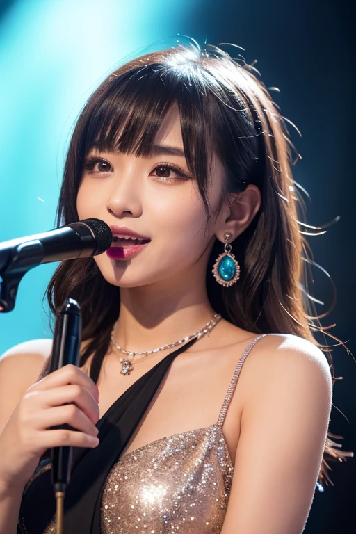 (RAW Photo, Best Quality), (Realistic, Photo Realistic: 1.3), Best Quality, Highly Detailed, Masterpiece, Ultra Detailed, 1 Japanese girl, upper_body, Dynamic Angle, Extremely Detailed CG Unified 8k Wallpaper, Ink, Amazing, Movie upper_body, World Mastery Theater, messy_long_hair, Best Quality, Extremely Detailed CG Unified 8k Wallpaper, Ink, Amazing, Movie Lights, lens_flare, Detailed Face, (Deliberate expression: 1.5), sony master shot, Japanese idol singing and dancing on stage, (idol-stage-costume:1.5), hi-res screenshot, nicovideo, normal hands, nice studio lighting, vhs screenshot, beautiful fine face,(portable microphone：1.3)