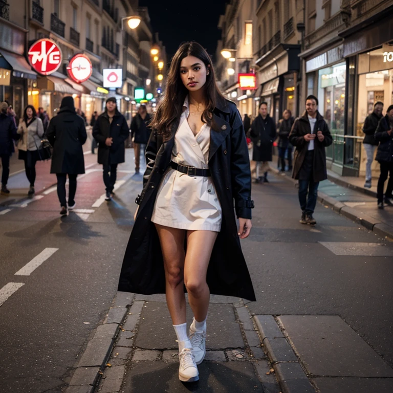 30 year old woman, dark hair, wavy, alone, walking on a street, fashion clothing, full body, woman is looking powerful . Best quality, ultra realistic, ultra detailed.
