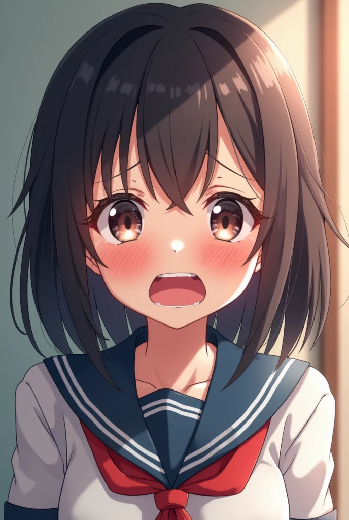 (Surreal), (8k), (Very detailed), (Best illustrations), (Beautiful attention to detail), (Highest quality), (Very detailed), (masterpiece), (wallpaper), (Detailed face), alone, 1 girl, 1 hour drawing challenge, Wet sweat, (school uniform:1.3), Looking at the audience, Exquisite detail, Detailed faces, ,Pure  Face Ace_ v1,Japan,high school girl,uniform,Akihabara,looking at the camera,anger,Screaming