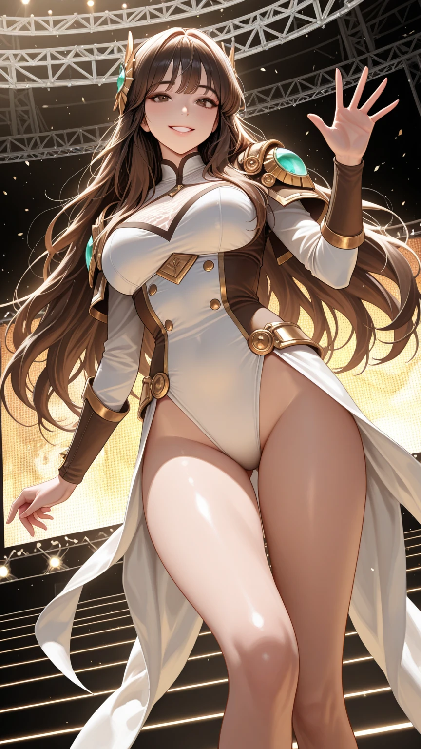 KanColle Kongou, kongou, Ahoge, brown hair, double good, bun hair, hair band, headgear, long hair, (purple eyes:1.1), highest quality, High resolution, unity 8k wallpaper, (figure:0.8), (detailed and beautiful eyes:1.6), highly detailed face, perfect lighting, Very detailed CG, (perfect hands, perfect anatomy),full moon、Photo from below、((Swimsuit))、((pantyhose))