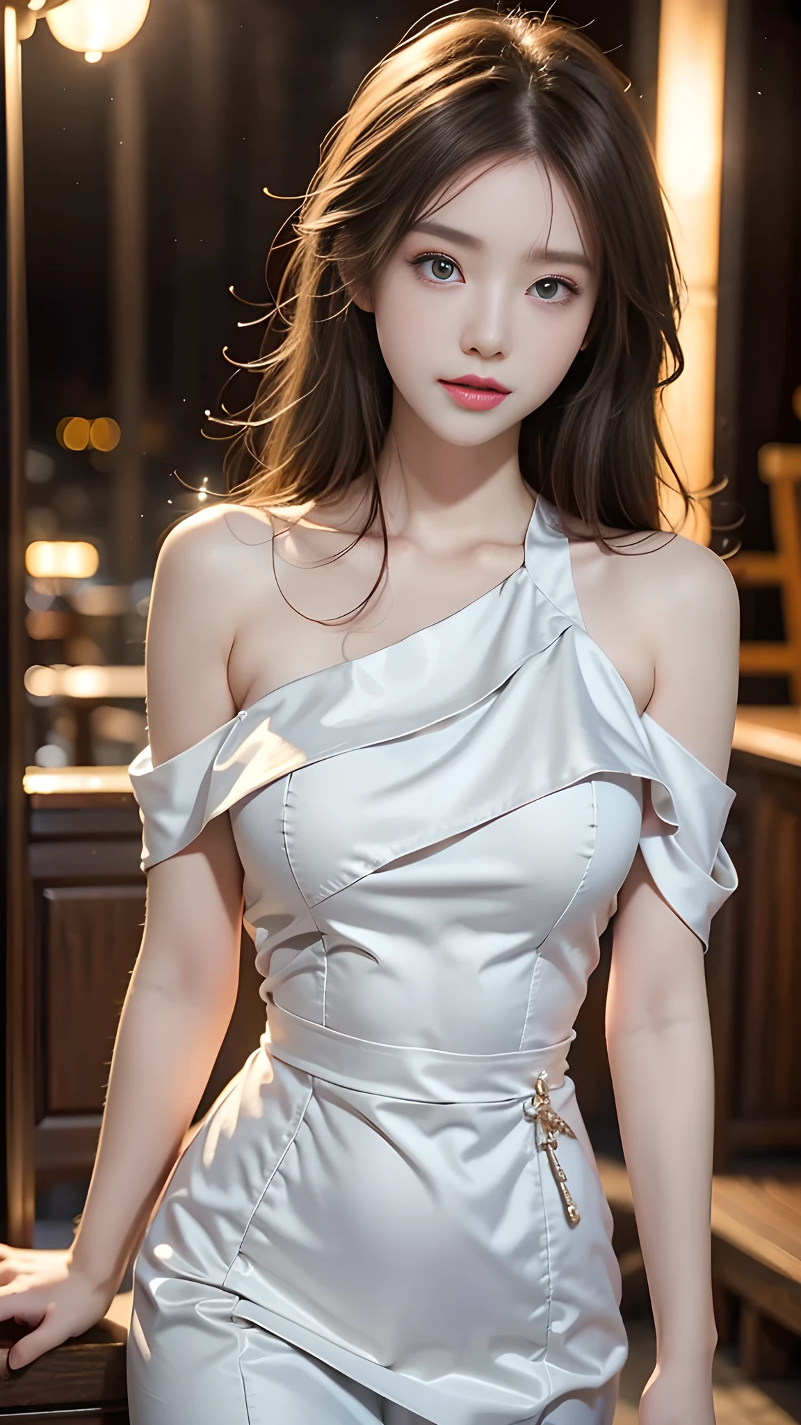 (best quality,ultra-detailed,photo-realistic:1.37), extremely beautiful eyes, Bright and Vibrant colors,studio lighting, playful expression, Extremely detailed eyes, stylish makeup, (perfect slim body), (Slim Fashion Model), Medium Hair, Random and sexy poses, (glamorous body), (body-tight translucent shirt),(smooth shirt material), (Baby Doll figure), (skin tight dress), (Glamorous skin tight skirt), (Medium BREAST), adult pose,alluring eyes,glossy lips,sexy pose, smiling in a confident and  way, professional photoshoot, shallow depth of field, highlighting the main subject, soft natural lighting, creating a magical atmosphere.