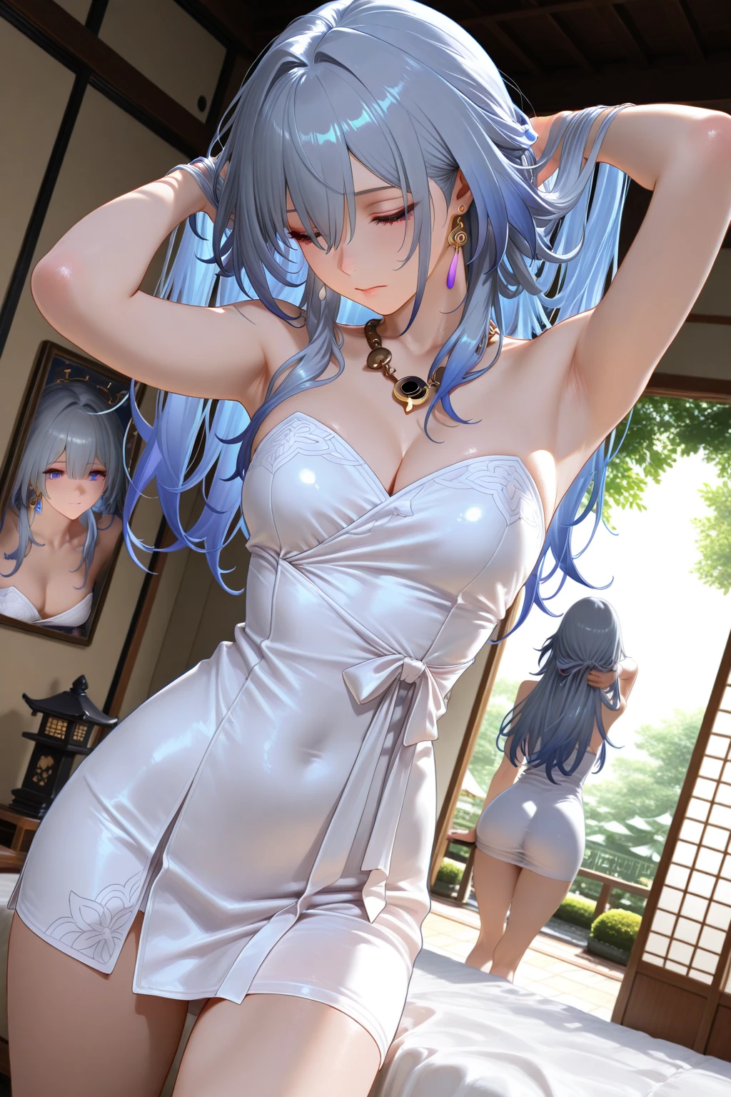 Highest quality, One girl, ((View your viewers)), Dark blue hair, Iris, Very short hair, Spiky Hair, Ahoge, T-Shirts, High Waist Jeans, 171cm, Hair between the eyes, Medium chest, Large Breasts, Dark Skin, Tomboy, Adult, 20-year-old, One girl, alone, only, Grin, Wide Hips, Thighs, Are standing, Messy room, Bedroom, shelf, dvd, Book, video game, computer, cd, record, VHS Tape,