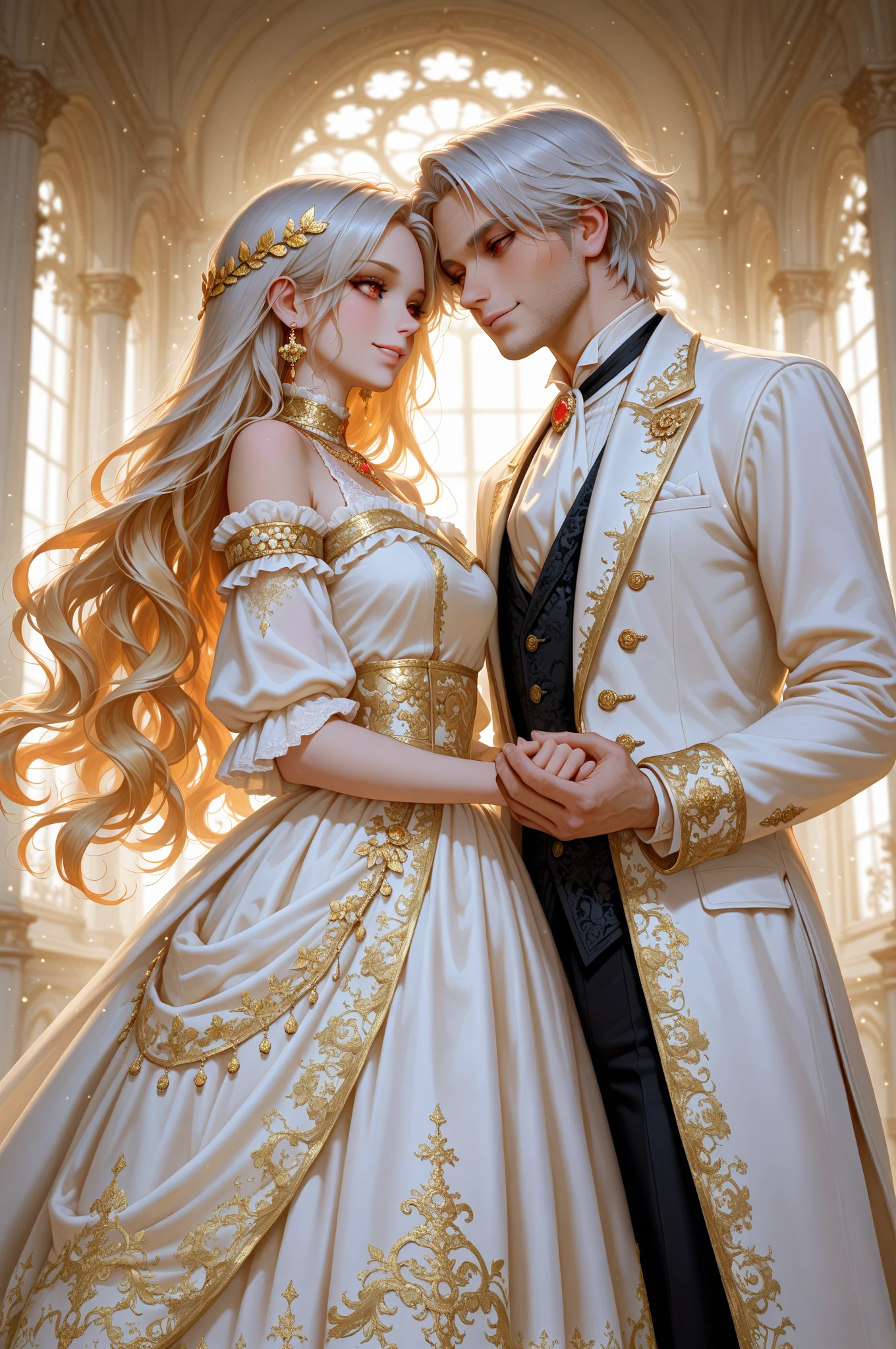 pair, 1 girl 1 boy, long golden blond wavy hair and blue eyes, long straight platinum hair and blue eyes, romance, romantic, Different heights, fantasy, detailed eyes, simple background