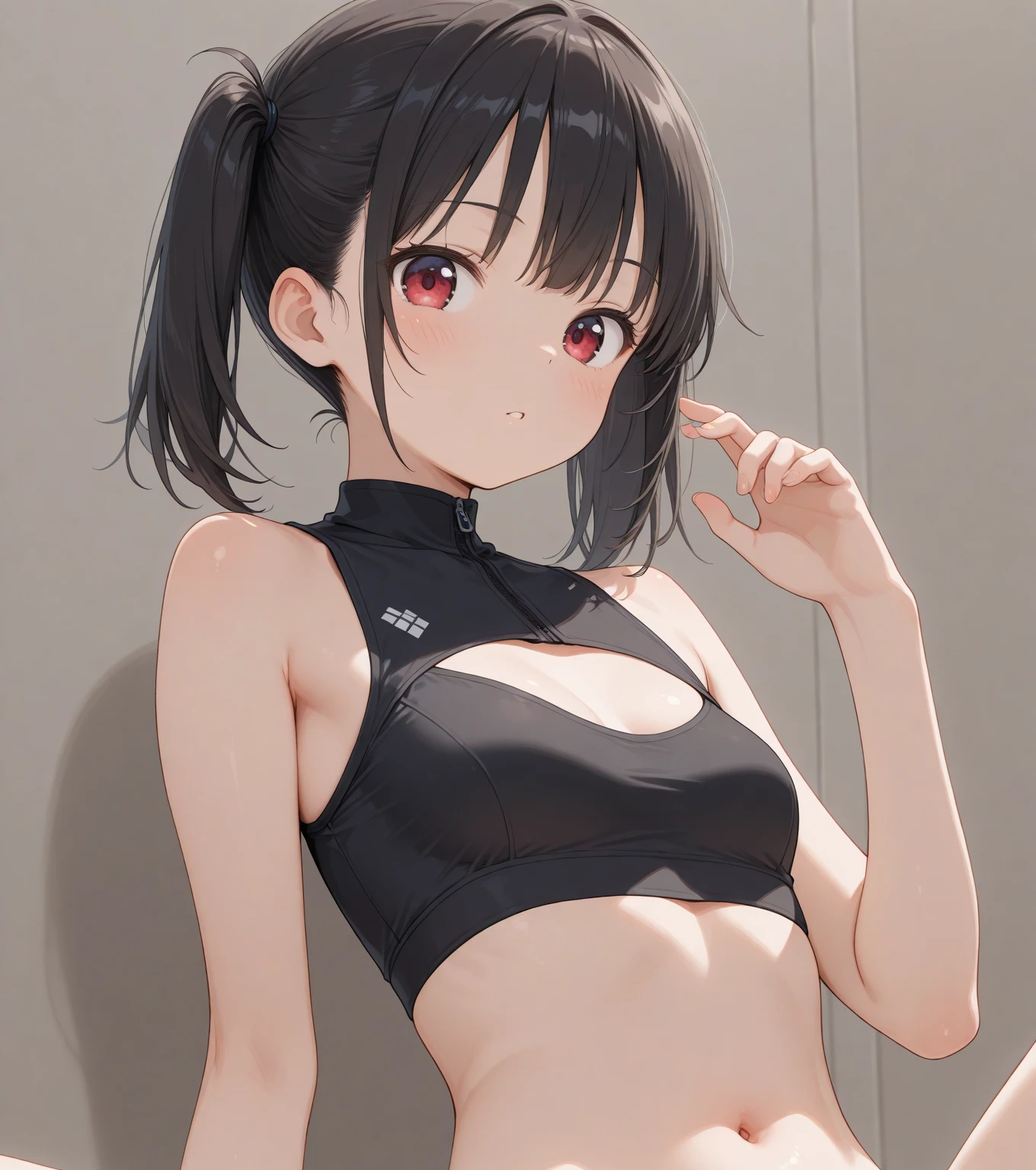 anime girl with hoodie and bunny ears on her head, anime moe art style, black haired girl lying on her bed