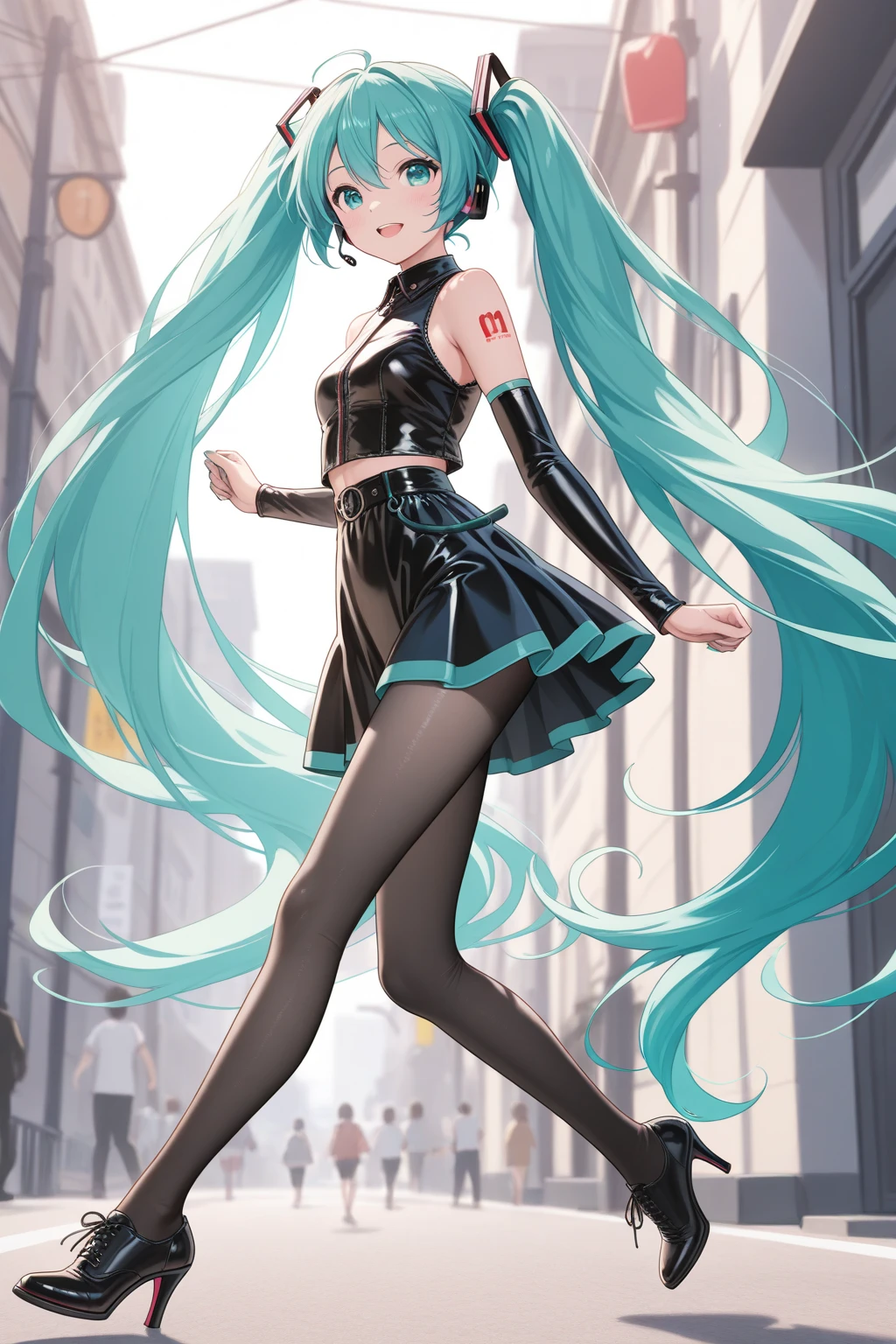 Aerial View，giant girl 50,000 feet high，Weight 1000kg，Has a pair of huge blue angel wings，With huge devil horns on his head，Has waist-length blue hair，loose hair，Blue wavy hair，cyan crown，Wearing a pair of cyan Mary Jane high heels，cyan lace gloves，Cyan lace pantyhose，Pantyhose with bow and star decorations，青色蕾丝whole body，Standing upright on a small city，Beautiful appearance，Exquisite makeup，quality，8k，高quality，Perfect proportion, Cinema lighting，film grain，Fuji colors，8k，textured skin，Super details，high detail，high resolution，fake smile，blood stains，脚底有blood stains，whole body，Obese，feather