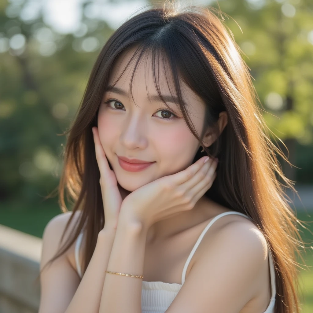 8K, Ultra-high resolution, Highest quality, masterpiece, 三分割法によるphotograph,Surreal, photograph, 1 girl, (16 years old:1.3), pretty girl, Cute face, Beautiful eyes in every detail, 細かくdetailedに,masterpiece,, One Girl:1.2, Japan Female Announcer,whole body,Young Wife,Girl with her back to the camera, Blue atmosphere dusk, Field, forest、Full of cleanliness,A carefree smile,Healing the heart,Semi-long layered hair,Looking at the audience、beauty,Long neck、Laugh a little、Please close your mouth and laugh、(((Ideal body type))),A-cup small  :2,、Portraiture:2、Perfect 、鮮明なdetailed、detailed、Surreal、Light and shadow,Strong light