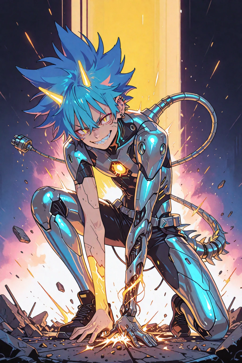 (masterpiece,best quality,H),1 person, boy,very shy,Face turned red,Shy,muscular,delicate eyes,,(),blue eyes,,Upper body body,short blue-purple hair,(fluorescent lamp),(a color),((abstract background))antennae red,