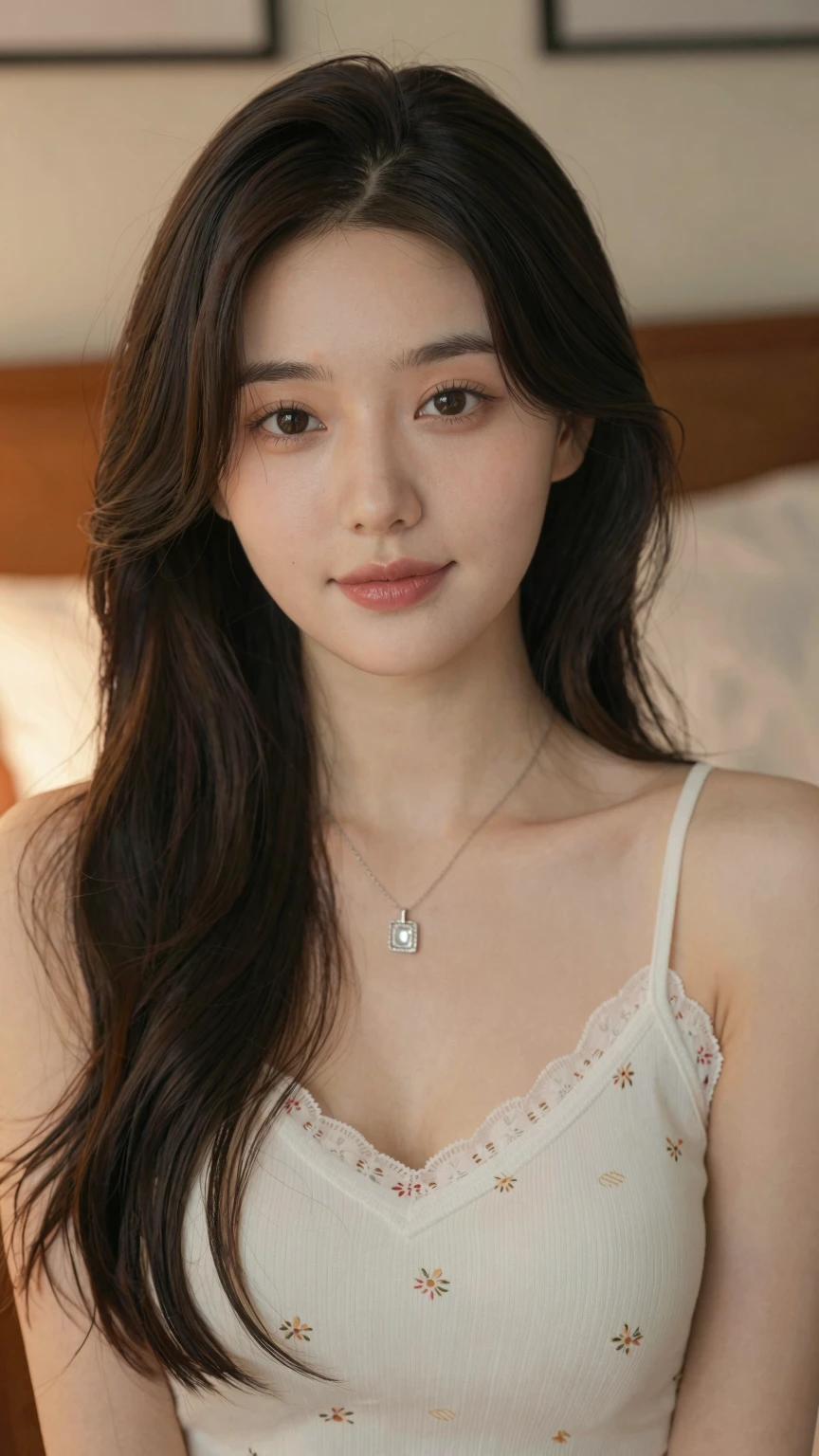 masterpiece, Highest quality, Super detailed, In detail, High resolution, 8K Photo, Beautiful attention to detail,nose,mouth, Long Black Hair, (chest:1.5), 18-year-old female, (cute:1.5), (Beauty:1.2), Frilled Skirt, Bedroom, chestの谷間, Sexy shot of the camera, smile, Natural Makeup, Eyeliner, cute, cute, Sparkle in your eyes