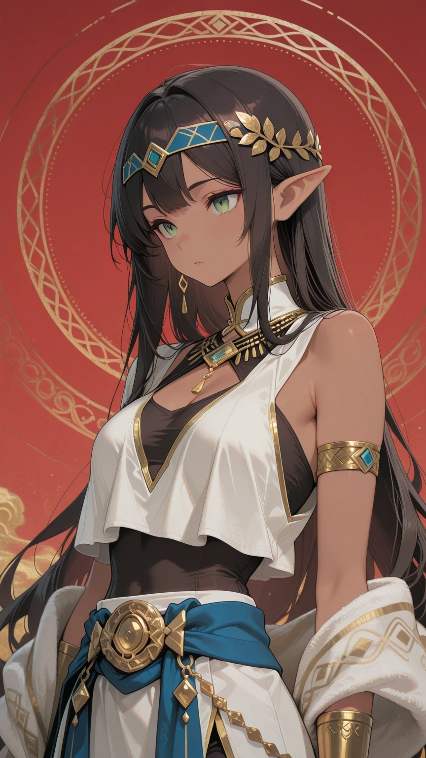 Bewitching Elf Woman、((black woman)),26 year old、 legged、Long hair、bionde、holds a sword、Kneeling,(open one's legs),Ivy Frame、Decorative panel、((abstract  art))、(((By Alphonse Mucha))) (​masterpiece、top-quality、hight resolution)、detaileds、intricate-detail、4K picture quality、color splashes、line-drawing、Fibonacci、long  skirt,Deep slit