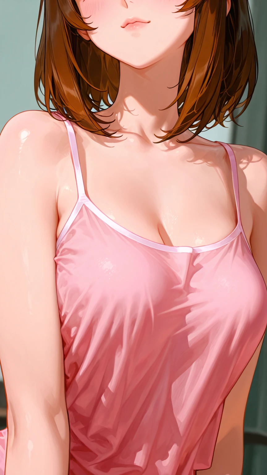 Completely 、Exposing the breasts、、Large 、(masterpiece、Highest quality)、Highest quality, Ultra-high resolution, (((masterpiece))), alone, Sweat、Big eyes, Composition from the front、Shortcuts、Embarrassed face、Blonde、Cut your hair short、Shower room、vapor、vapor、short hair、Browsing Caution