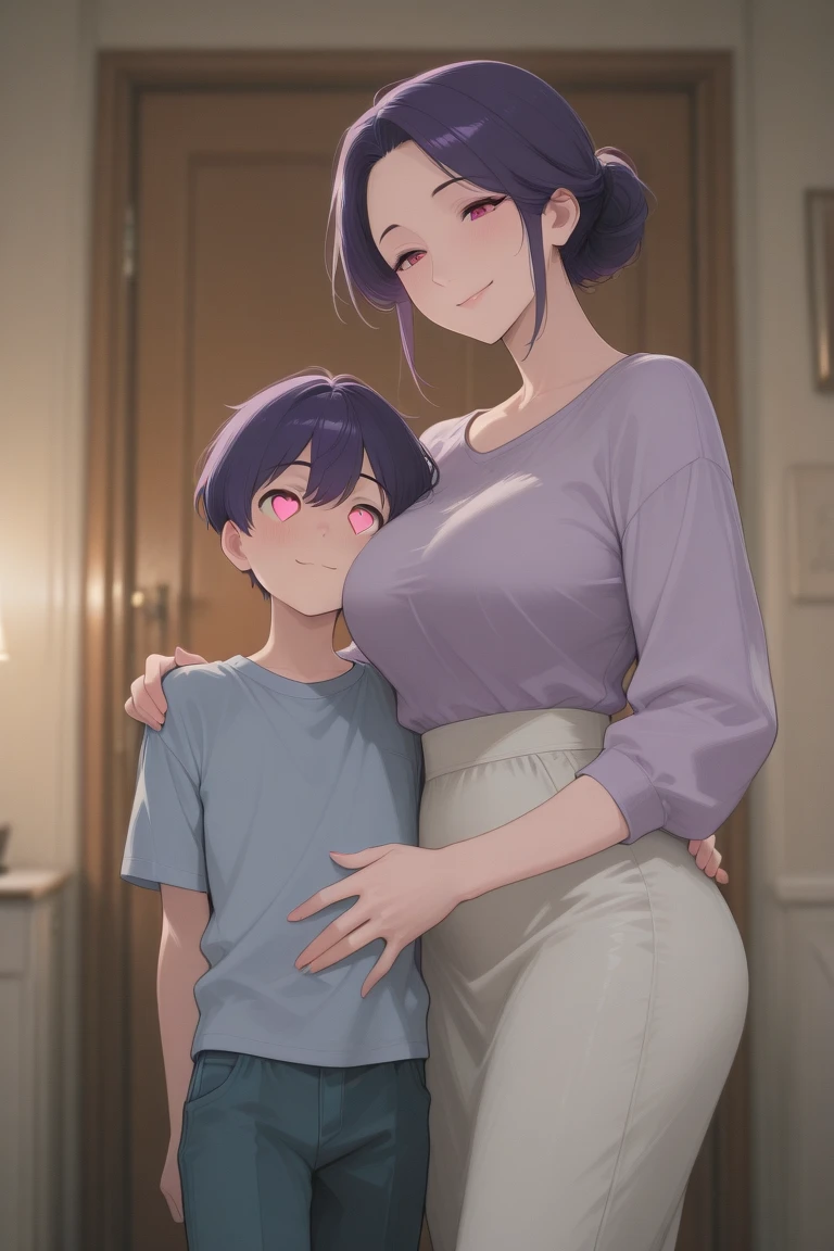 pregnant funny boy with short black hair, blue eyes, purple shirt, white pants, happy