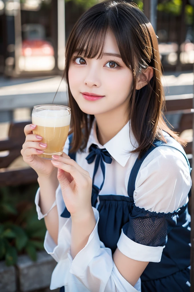 (8k, RAW photo, best quality, masterpiece: 1.2), (realistic, photo-realistic: 1.37), ultra-detailed, 1 girl, beautiful, solo, beautiful detailed sky, detailed coffee, night, sitting, (flushed nose), (smile: 1.1), (mouth closed), , beautiful detailed eyes, (collared shirt: 1.1), bow tie, pleated skirt, (short hair: 1.2), long hair, taking big ice cream,