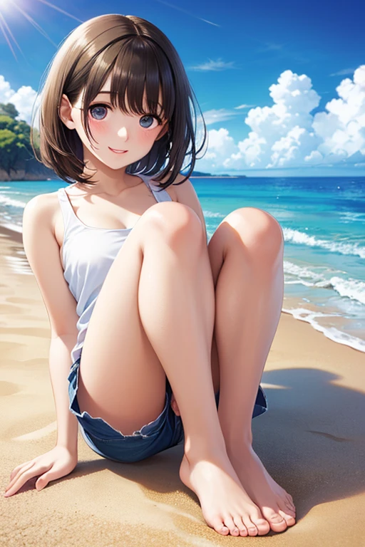 (NFSR8k, Highest quality, masterpiece:1.2), Very detailed, (High brightness:1.3), (High Contrast:1.1), (High chroma:1.1), (Anime screenshots:1.20), ((One person)), ((One personの身長140㎝:1.5)), ((hair ornaments:1.2)), (Hair between the eyes, Silver Hair, bangs, Medium Hair), Green Eyes, skin, (((Both sides up:1.10))), ((Beautiful Eyes:1.2)), (cute eyes:1.2), ((Eye on the details:1.5)), cute, (((((Smile face:1.30, Open your mouth))))), (((((Big Breasts:1.30))))), (((Puffy ))), ((((( and :1.30))))), ((the body is slim:1.10)), ((blush)), ((Standing on tiptoes:1.5)), (Outdoor, Beach,Waterfront, Day), ((whole body:1.2)), (cute smile:1.5, Open your mouth), ((Squat:1.5, Spread your legs:1.5)), (Shiny skin:1.10), (Oilskin:1.5), ((Very seating:1.10)), (((Grabbing her right breast obscenely with her right hand:1.45, Grabbing the left breast obscenely with the left hand:1.45)))), ((Basic structure of the human body:1.60)), ((((Massive  :1.20, Inserting a 30cm  deep into the :1.10, 30cm thick  rubbing inside :1.10,  :1.10)))), ((barefoot:1.10))