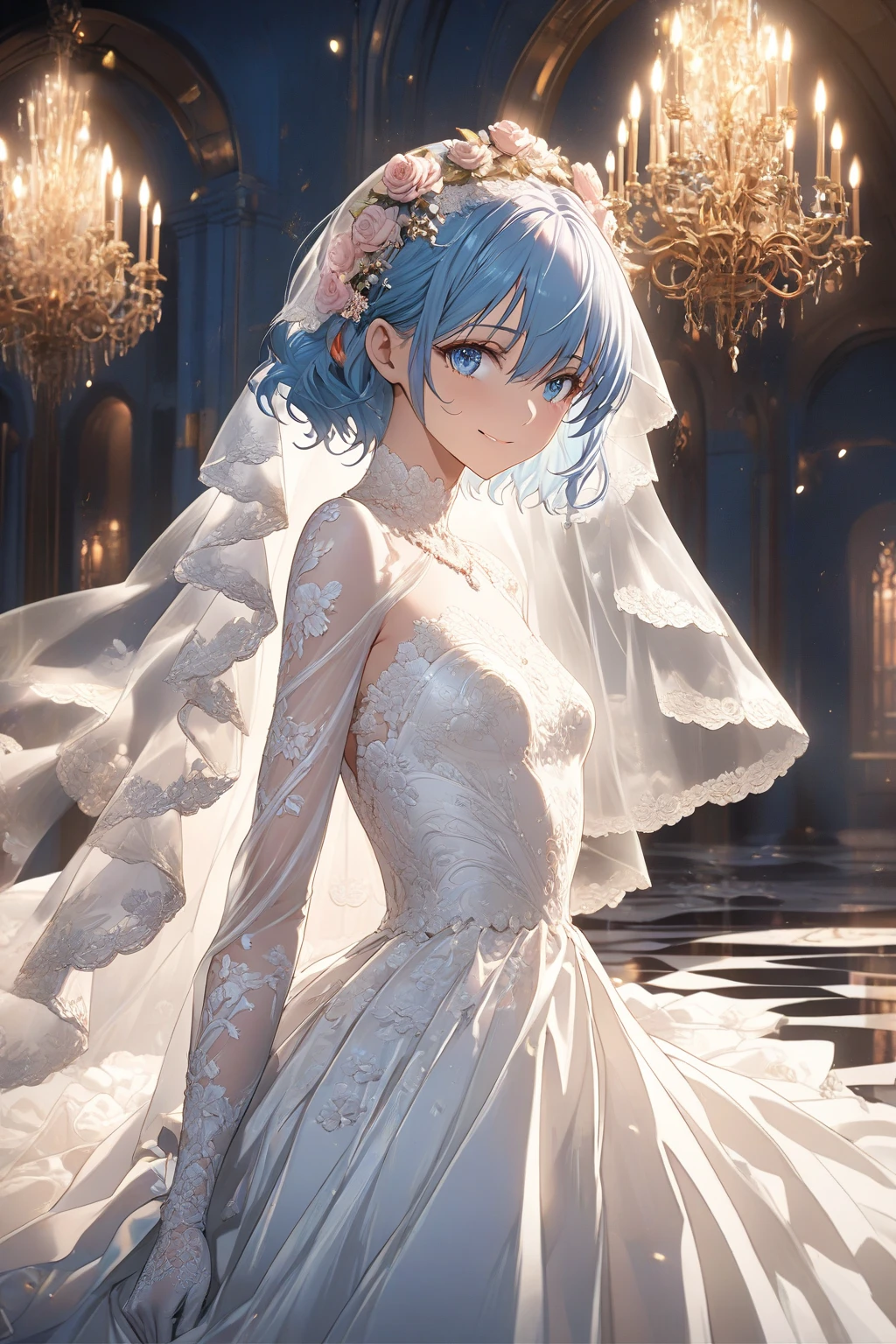 (masterpiece, best quality:1.5), (ultra detailed, high resolution, 8k, beautiful detailed, UHD, best ), 1 cute girl, pale blue hair, medium breasts, wedding dress, bridal veil, flower, wedding hall, Happy face