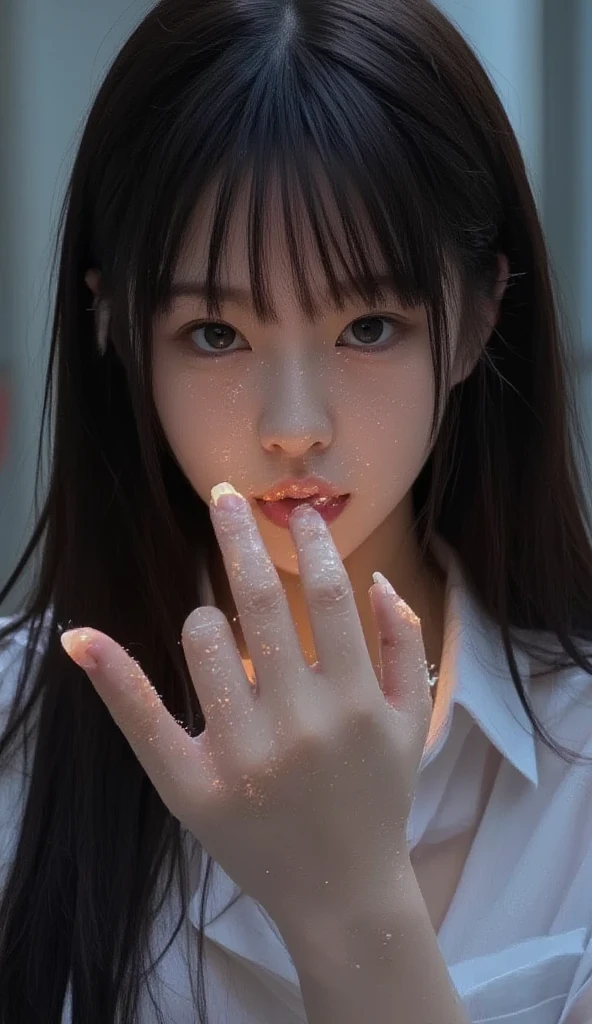 woman giving 、Close-up of the mouth、Inserting  deep into throat、A mouth covered in drool
、Top view、looking at the camera