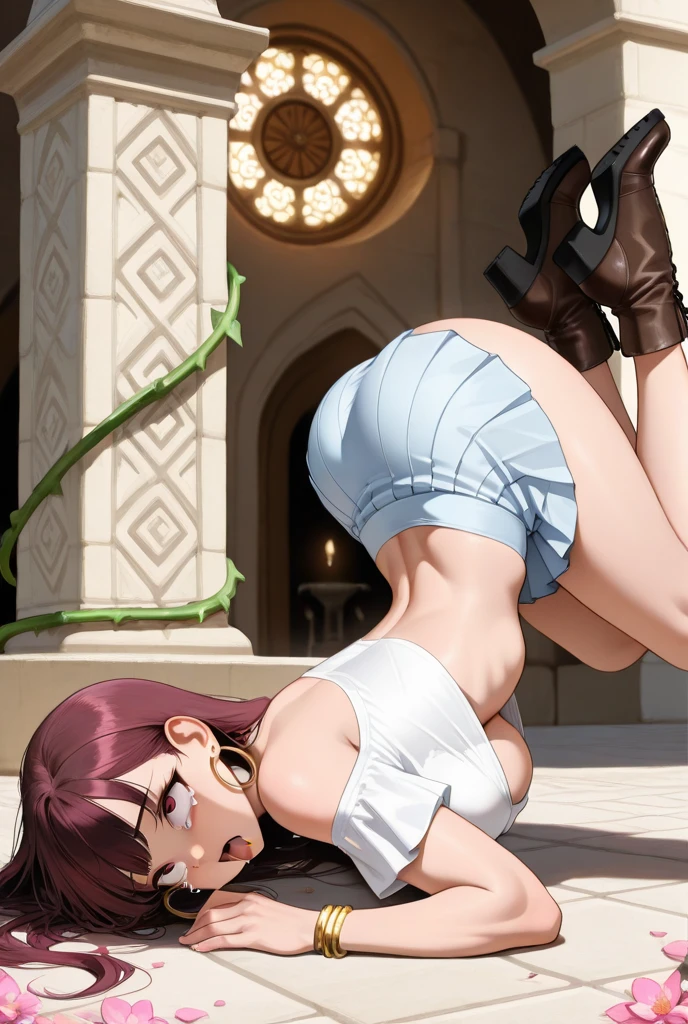 "（tmasterpiece，top Quority）in dark style，The visual impact of a big ass，Back perspective，Cocked buttocks，Dark style，Buttocks close up，Open hands，White liquid，Deadly atmosphere，Scene of the end of London，Bell tower chain，Red cape，Charming female image，Sexy and charming，Teary eyes，Wounded courage，Extremely beautiful face，spread their legs，Bottom perspective，squatt，Huge buttocks，look from down，Leakage on the soles of the feet，Lovely charming young lady"