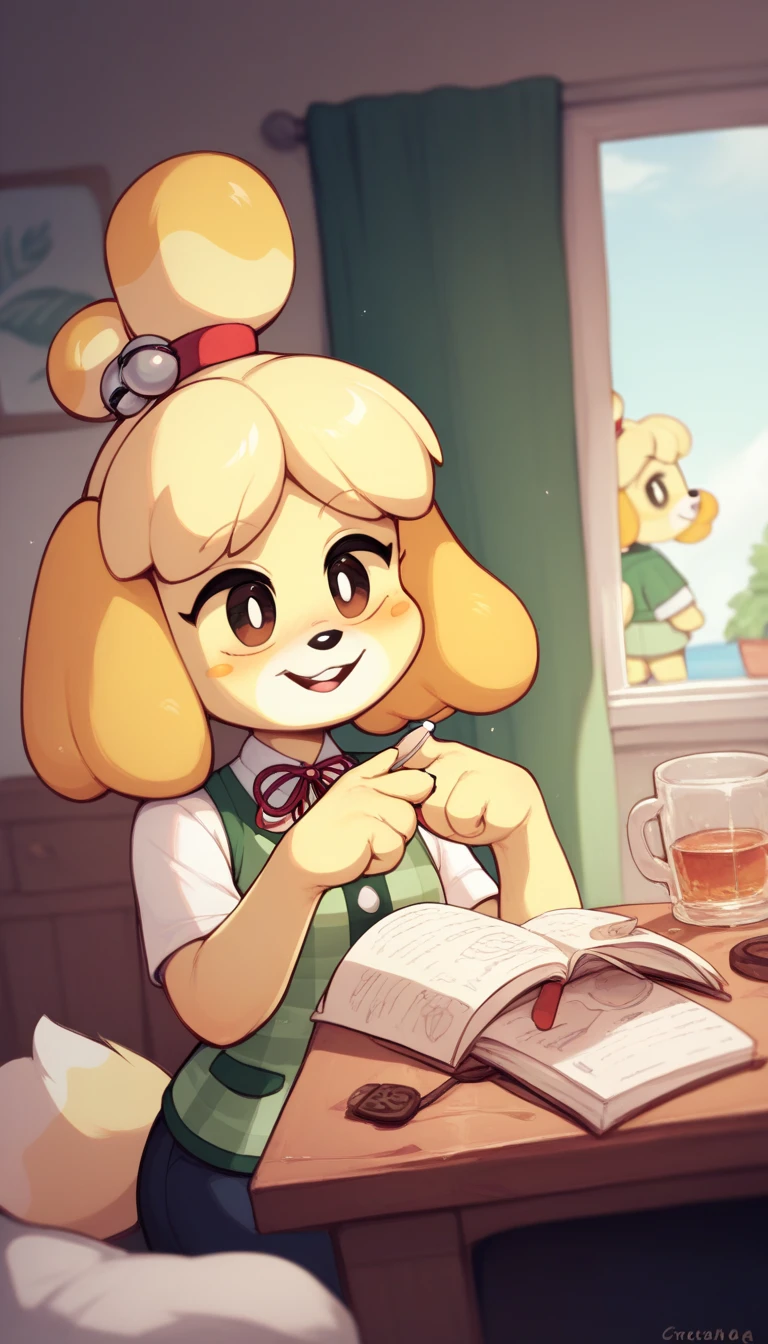 isabelle \(animal crossing\), furry, yellow skin, ((red floral shirt, , white )), tail, looking at viewer, serious, standing, outside, plaza, holding clipboard, trees, blue sky, high quality, masterpiece, :3, uper body,