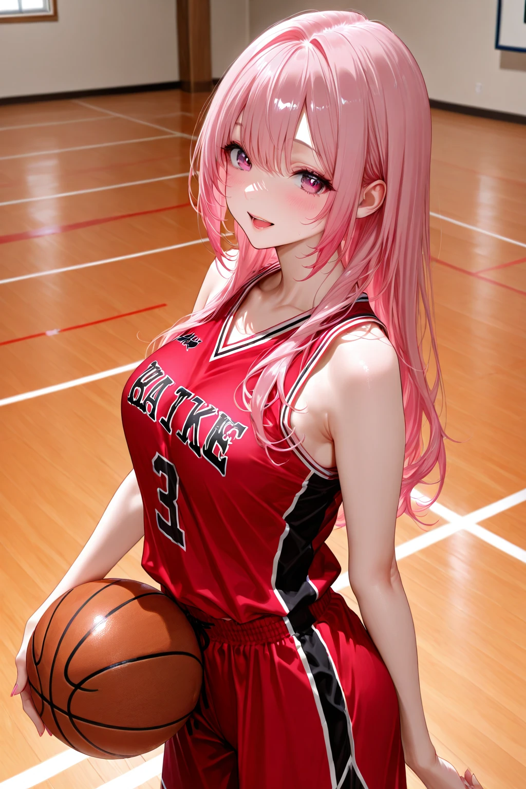 masterpiece, best quality, highly detailed, high resolution, expensive solution, high resolution, 4k, 8k, Unity 8k wallpaper, highly detailed CG, masterpiece, 2d, 3d, beautiful details, depth, fine texture, best quality: 1.3, total concentration, clear skin, him, very cute anime girl, expensive pink long hair, one girl, volleyball uniform, knee pads on knees, volleyball shoes, outside the gym, it was raining heavily and she was soaking wet. The volleyball uniform was  and her hair was soaking wet, smiling long pink hair, full body, outside the gym, heavy rain, mole under eye, line sight, expensive, blush, parted lips, heart, pink eyes, choker