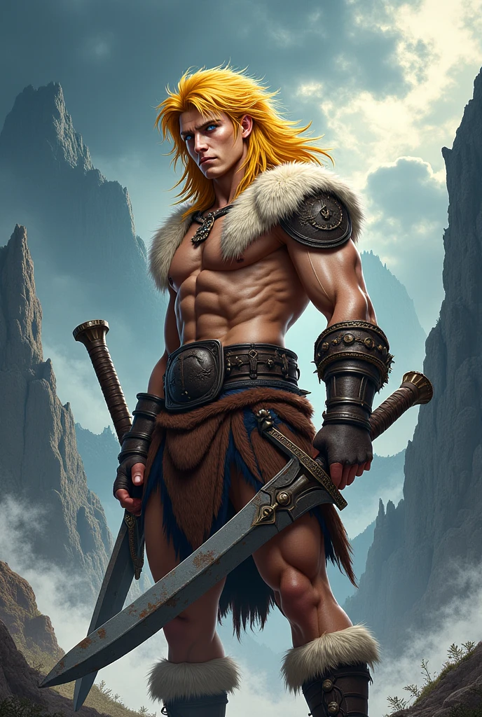 A man  cross fitter body (Chris hemsworth as he-man matesr of the universe) with a powerful presence ,((blond hair)), his body adorned with a unique blend of abstract and realistic designs, digital art, by artgerm, hyperdetailed, hi top fade, dark fantasy, central pose, facing camera, perfect body, perfect hands, perfect eyes, cowboy stand position, magic sword, battle eyes, pointing sword to the sky, full body shot