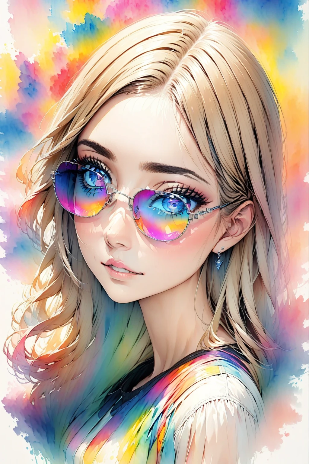 8K quality, watercolor painting, stylish design, (((The strongest beautiful girl of all time))), (((Japanese)))、Idol、clear, Stylish sunglasses, Fashionable hats, (((highest quality))), bob hair, HDR, ((Detailed details)), stylish fashion, detailed clothing texture, (((graffiti art))), colorful hair, ((masterpiece))、((Super detailed))、(((colorful flowers)))