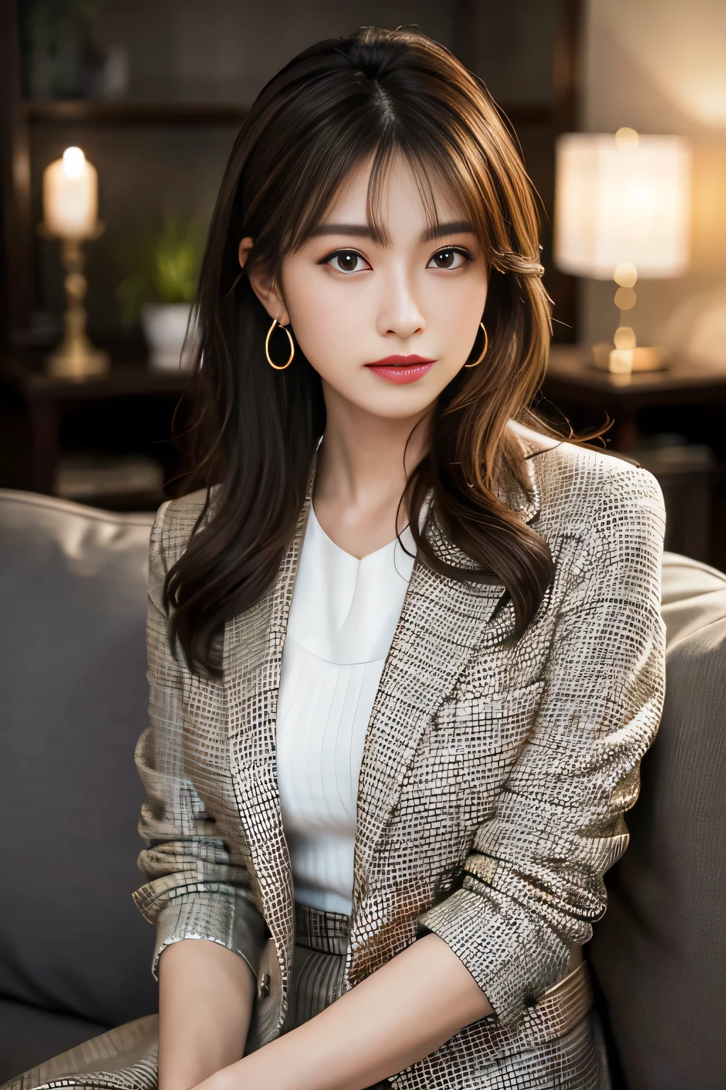 ((cowboy shot)), ((Parallel perspective)), ((realistic)), 1girl, Asian model, slim, ((Black suit, Business suit, tiese, White pleated skirt)), Campus style, ‎Classroom, sitting on the classroom desk, (warm lights, a warm color palette), Detailed details, ultra-detailliert, (tmasterpiece, best qualtiy), (An extremely delicate and beautiful work), Delicate earrings, Simple blurred background, Extreme detail description, Ultra-fine painting, Delicate face, slim toned body