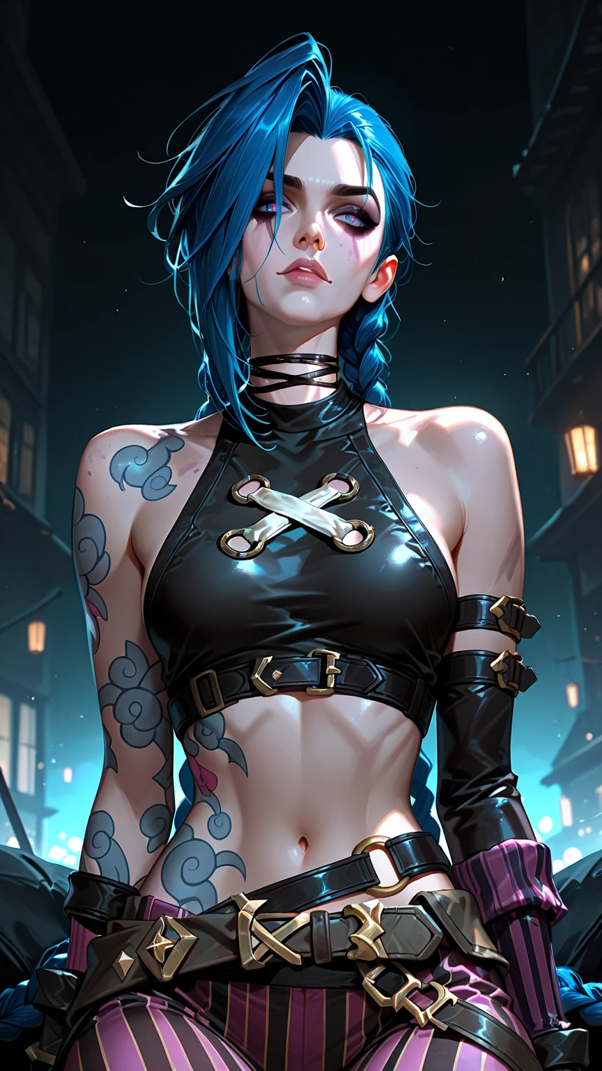 ((Best quality)), ((masterpiece)), (highly detailed:1.3), 3D, arcane style,In the dark and gritty dystopian city Piltover, plagued by  and divided into two opposing factions, a young prodigy named Jinx emerges. Having endured unimaginable loss and abandonment, she has embraced a life of chaos and destruction. Known for her inventive and explosive abilities, Jinx becomes an icon of rebellion against the oppressive forces controlling the city. However, haunted by guilt and battling inner demons, she must confront her past and decide whether to continue down the path of anarchy or seek redemption amidst the turmoil. Explore the journey of Jinx as she navigates a treacherous world, fighting for survival, unraveling secrets, and discovering the true meaning of her twisted existencechaos reigns supreme, and at the heart of it all is Jinx, the embodiment of unpredictability. Delve deep into the twisted mind of Jinx, exploring the origins of her madness and the driving force behind her destructive nature. Unveil the moments that shaped her into the deranged and iconic character we know. Take us on a wild journey through the vibrant streets of Piltover and the grim underbelly of Zaun as Jinx wreaks havoc with her explosive arsenal. Can redemption ever find its way into Jinx's fractured soul? Or will she forever dance on the edge of sanity, embracing the chaos that fuels her very existence? The fate of Arcane hangs in the balance as Jinx's path intertwines with unlikely allies and formidable foes. Ignite your imagination and paint a vivid portrait of Jinx's twisted psyche, capturing the essence of her madness and the untamed spirit that defines her,HDR (High Dynamic Range),Ray Tracing,NVIDIA RTX,Super-Resolution,Unreal 5,Subsurface scattering,PBR Texturing,Post-processing,Anisotropic Filtering,Depth-of-field,Maximum clarity and sharpness,Multi-layered textures,Albedo and Specular maps,Surface shading,Accurate simulation of light-material interaction,Perfect proportion