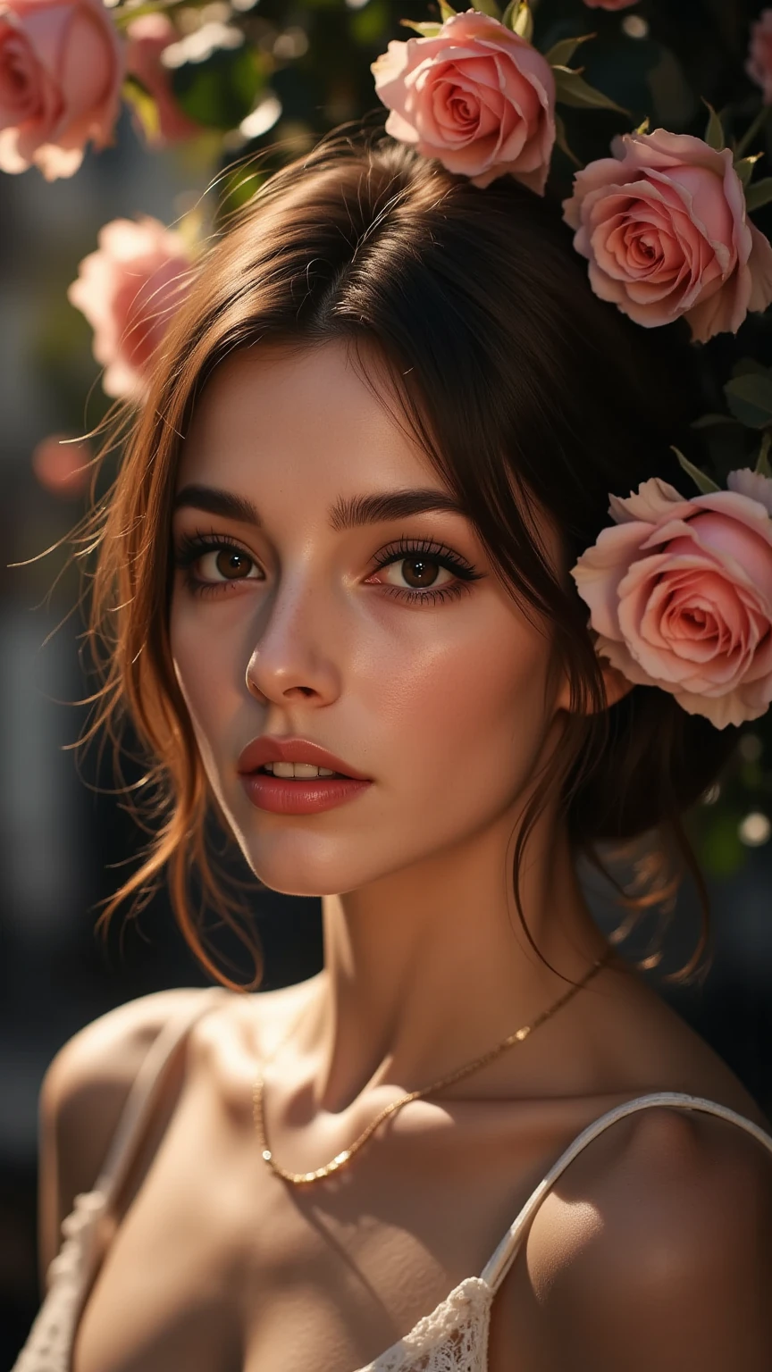 Woman Jennifer connelly Young 20 years old model long hair Brow bun with red rose in hair n blue eyes dress Pink ballet flamenco sevillana ruffles lace long gold earrings in park 