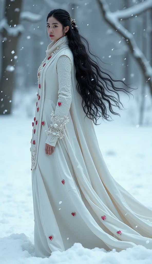 Beauty in snow-white long dress, reddish face, slender legs, long black hair, slender figure, wearing red high heels