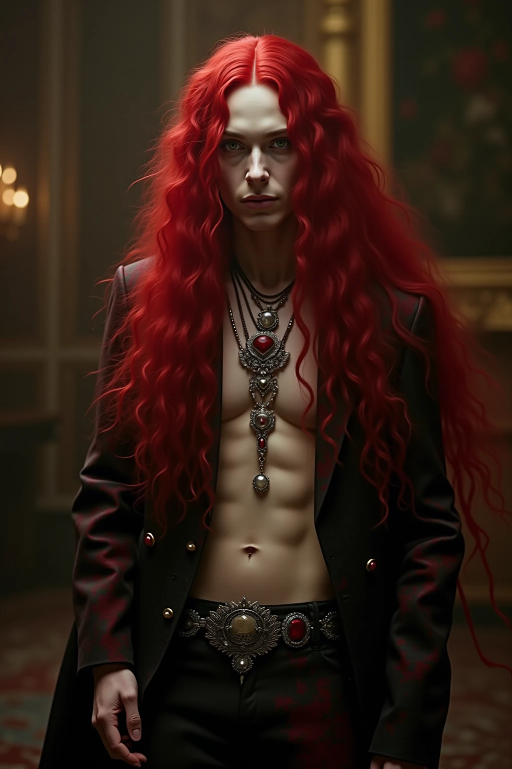 Handsome hot mascular body . The scene unfolds with a striking and self-assured ager seated regally on an ornate throne, exuding an aura of quiet confidence. Their crimson red hair cascades down in loose waves, glowing like embers under the dim light, perfectly complementing their piercing crimson eye—a gaze that seems to hold secrets beyond their years. The other eye is concealed by a few strands of hair, adding an air of mystery.

Despite the grandeur surrounding them, this cool  nonchalantly holds a simple potato—its earthy simplicity contrasting sharply with the opulence of the moment, almost as though it's a symbol of their grounded nature amidst all the power.

Behind the throne looms a massive black dragon, its obsidian scales glinting faintly in the low light. Its golden eyes gleam with intelligence and loyalty, watching over the young ruler like a guardian spirit. Smoke curls lazily from its nostrils, blending into the misty atmosphere, while its presence adds both intimidation and majesty to the tableau.

This image captures the essence of paradox: raw power tempered by humility, ancient strength paired with youthful rebellion, and the extraordinary intertwined with the mundane—all embodied by a single figure holding court over their world, one potato at a time.