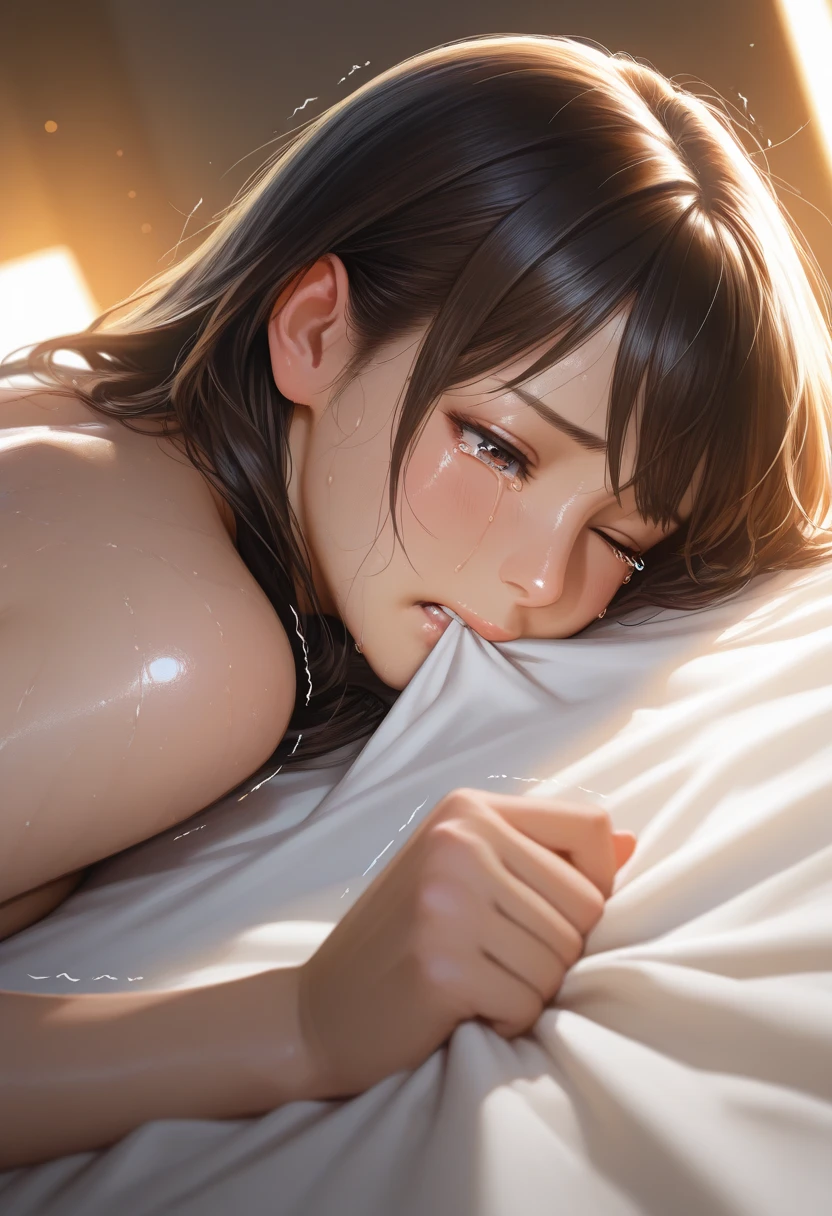 , sexy  girl 1girl, dark hair, breasts, large breasts, , long hair, , ,  , , , , sweat, open mouth, saliva, blush, steam, on bed, looking away