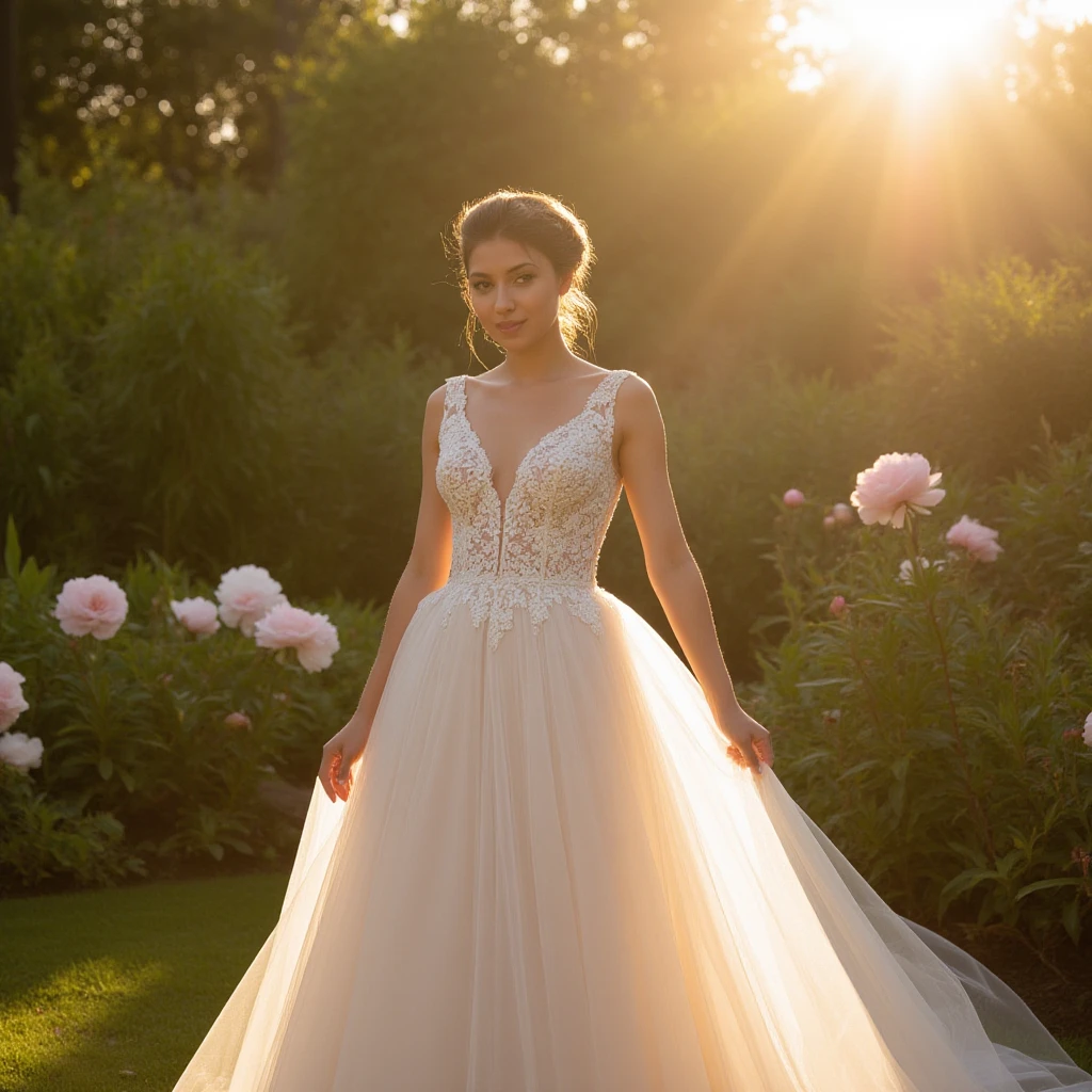 A white wedding dress with purple lilies for a chuby woman 



