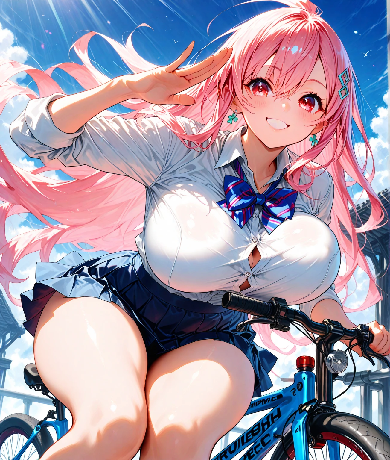 todoshizuko, purple hair, ponytail, hair ribbon, long hair, blue eyes, makeup, 15years old , large breasts, solo, , ,  ride a bicycle